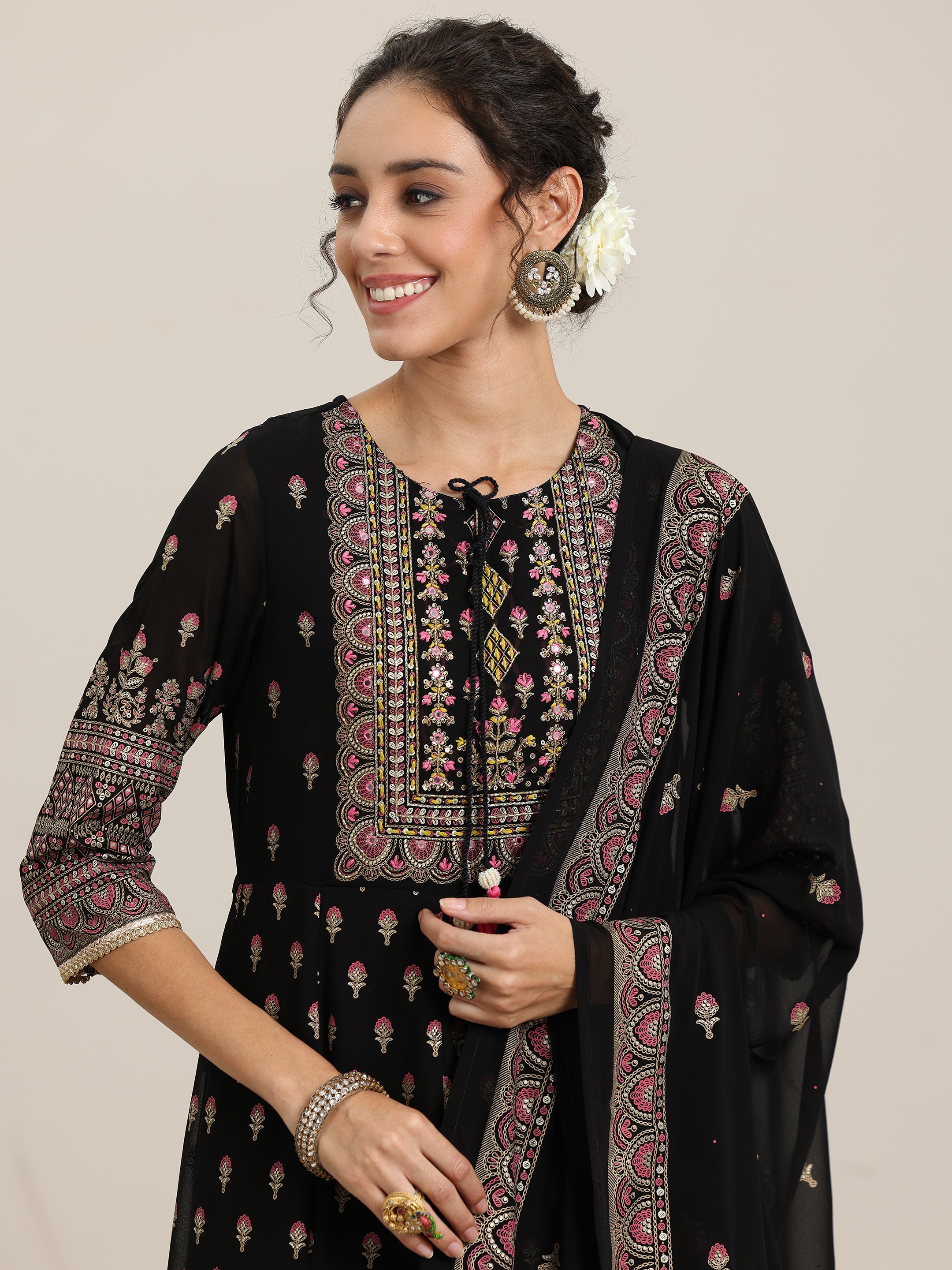 Black Printed Georgette Anarkali Suit With Dupatta