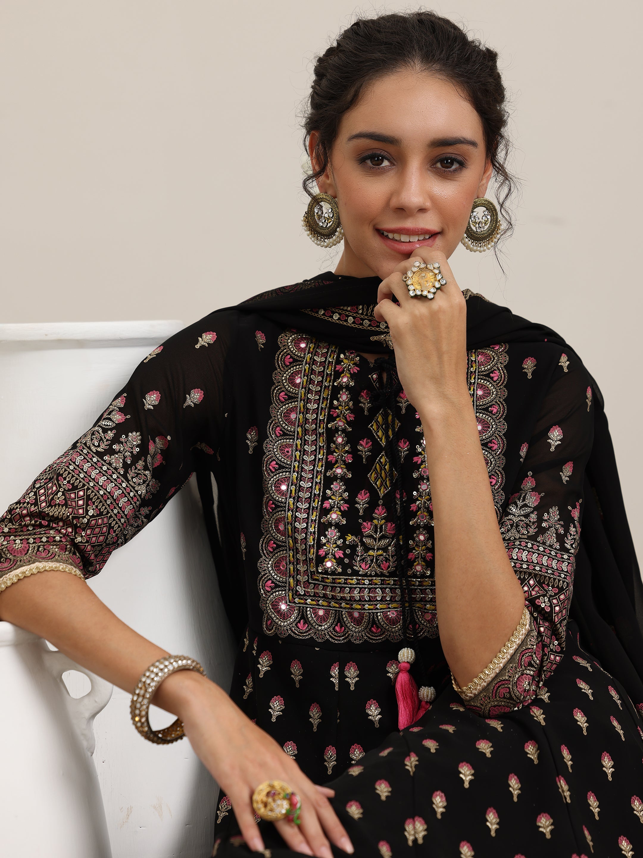 Black Printed Georgette Anarkali Suit With Dupatta