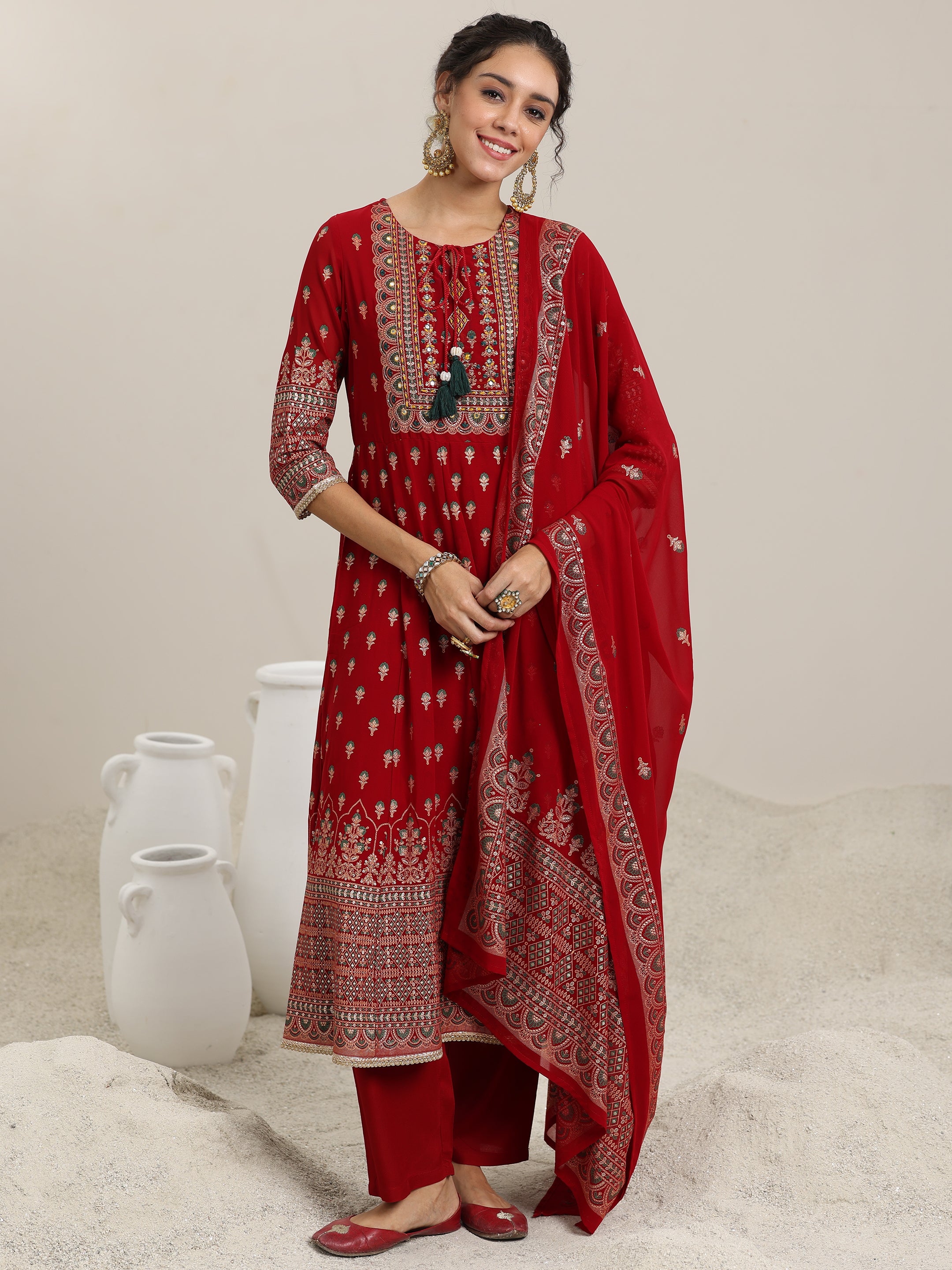 Red Printed Georgette Anarkali Suit With Dupatta