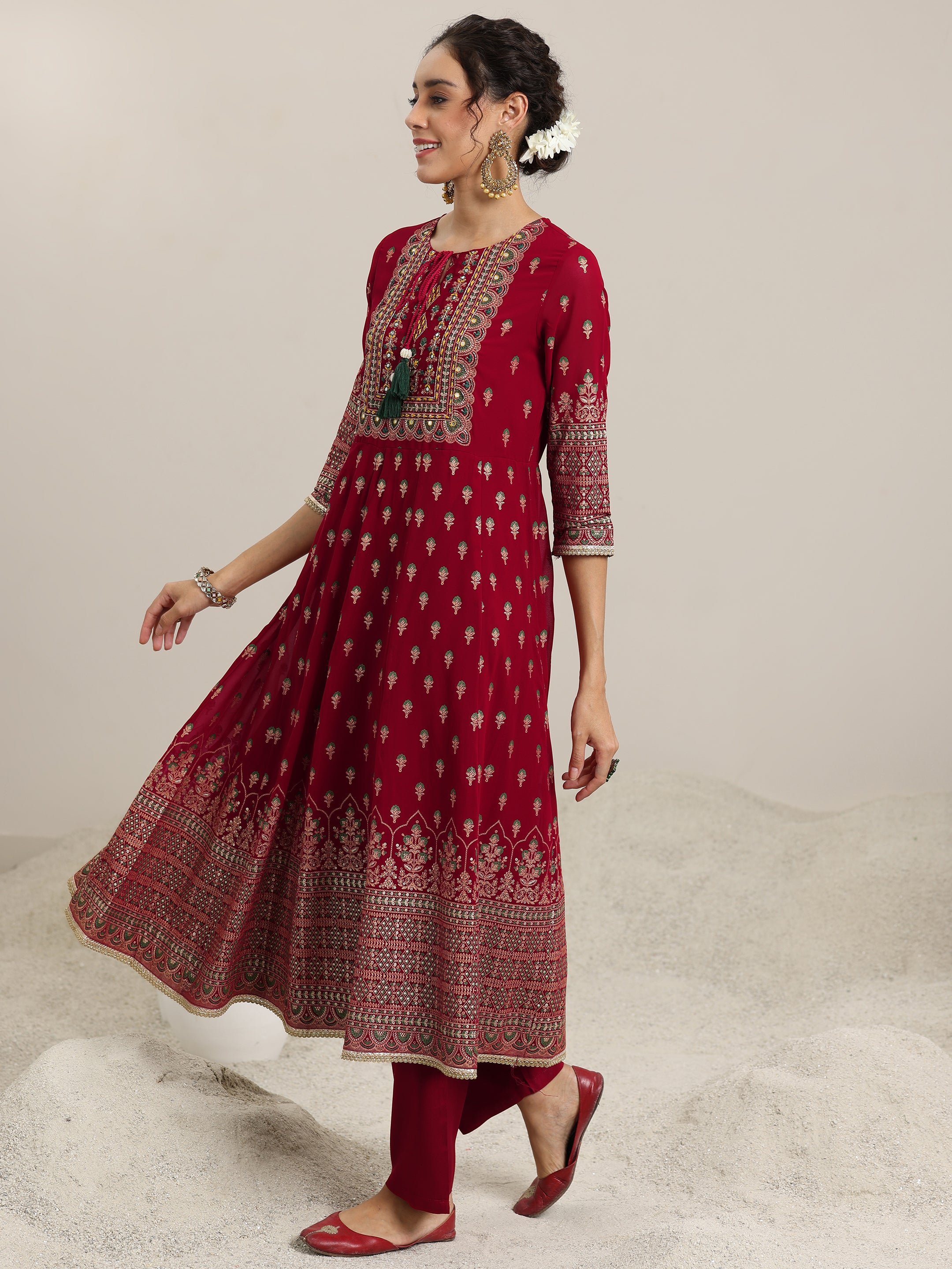 Red Printed Georgette Anarkali Suit With Dupatta