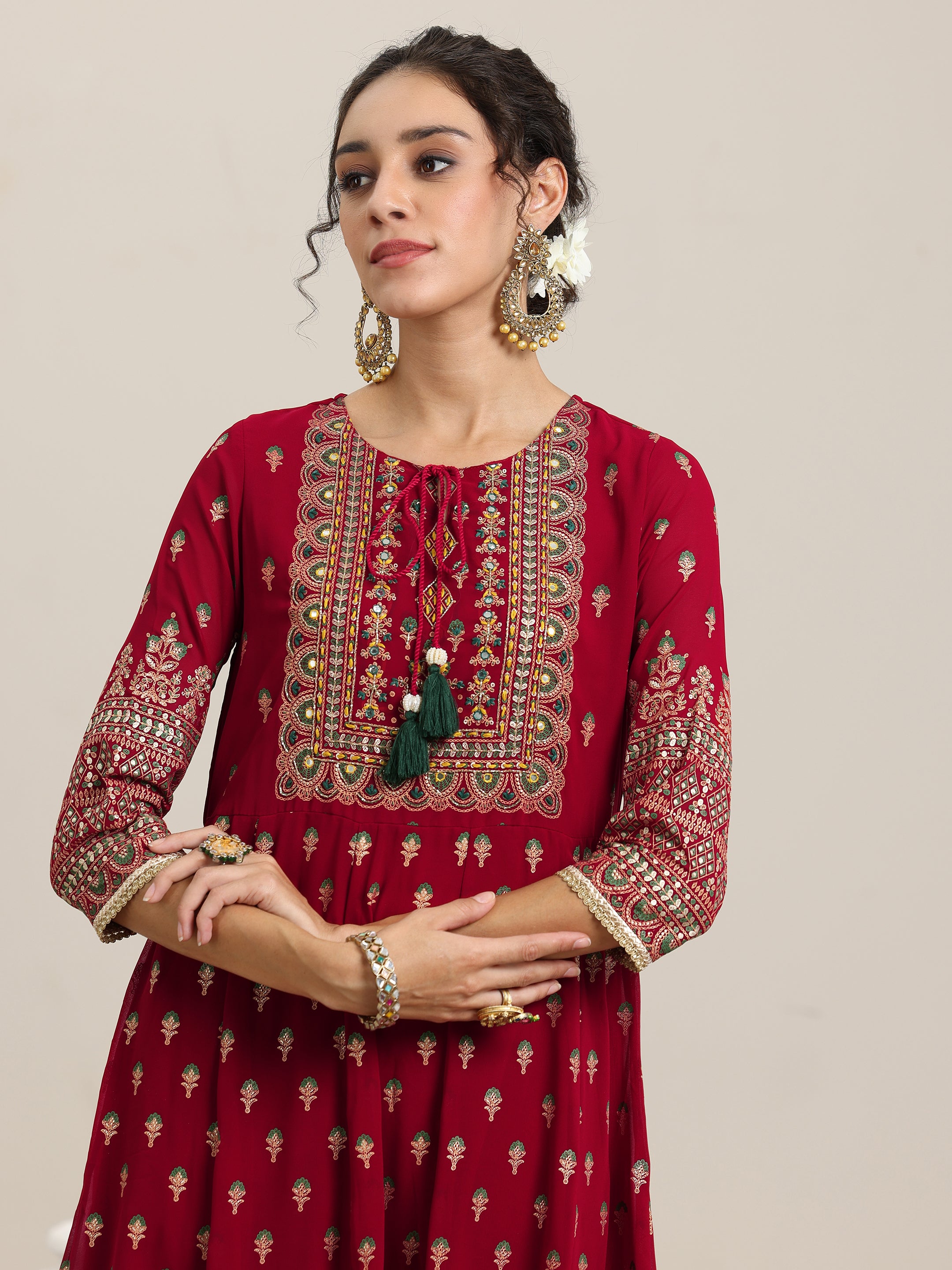 Red Printed Georgette Anarkali Suit With Dupatta