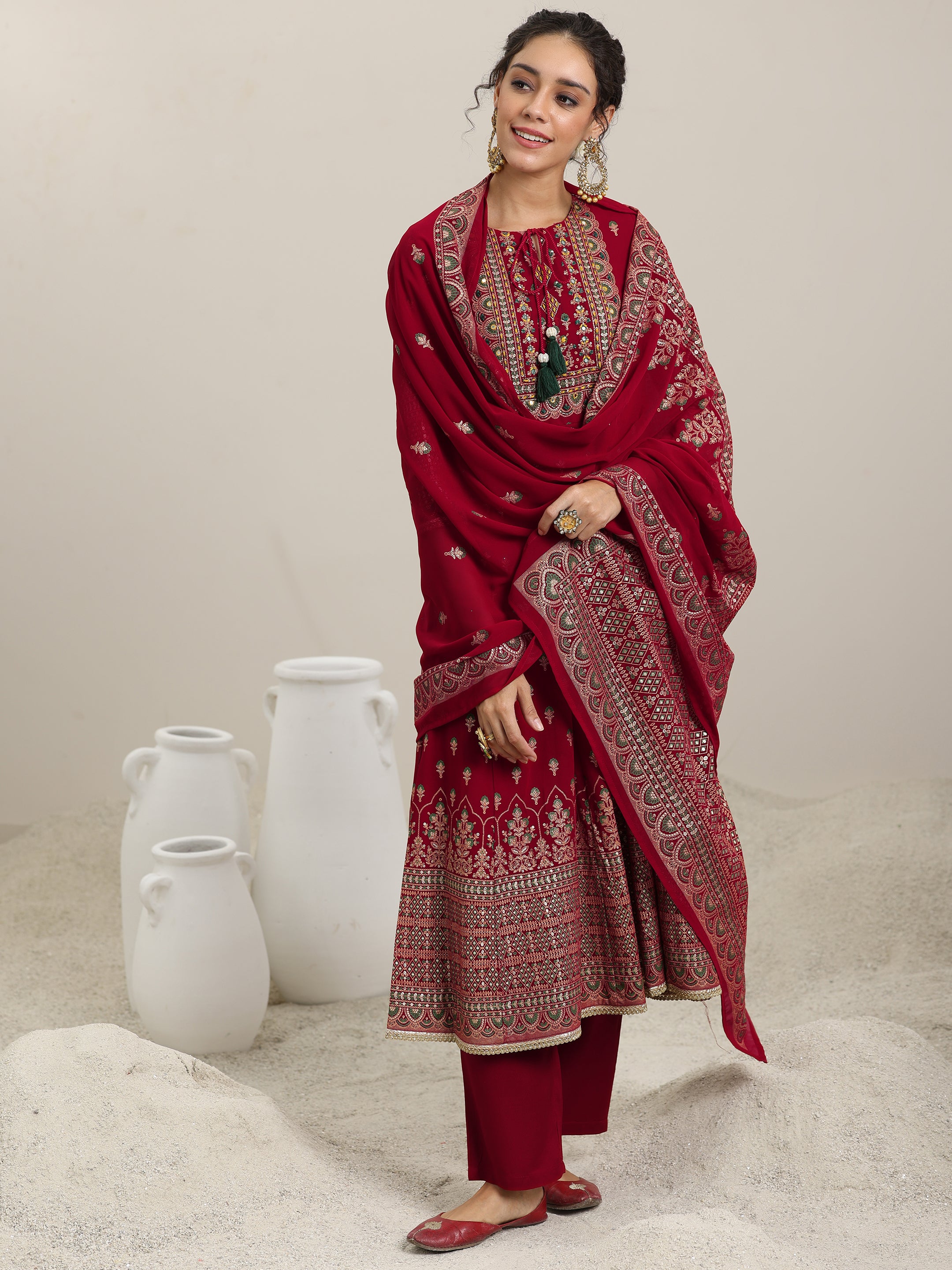 Red Printed Georgette Anarkali Suit With Dupatta