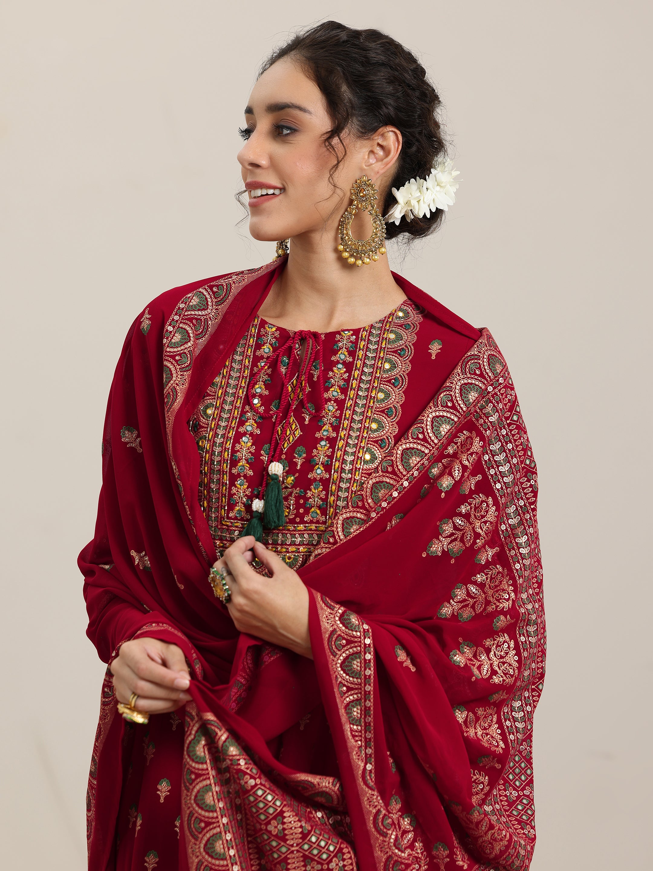 Red Printed Georgette Anarkali Suit With Dupatta