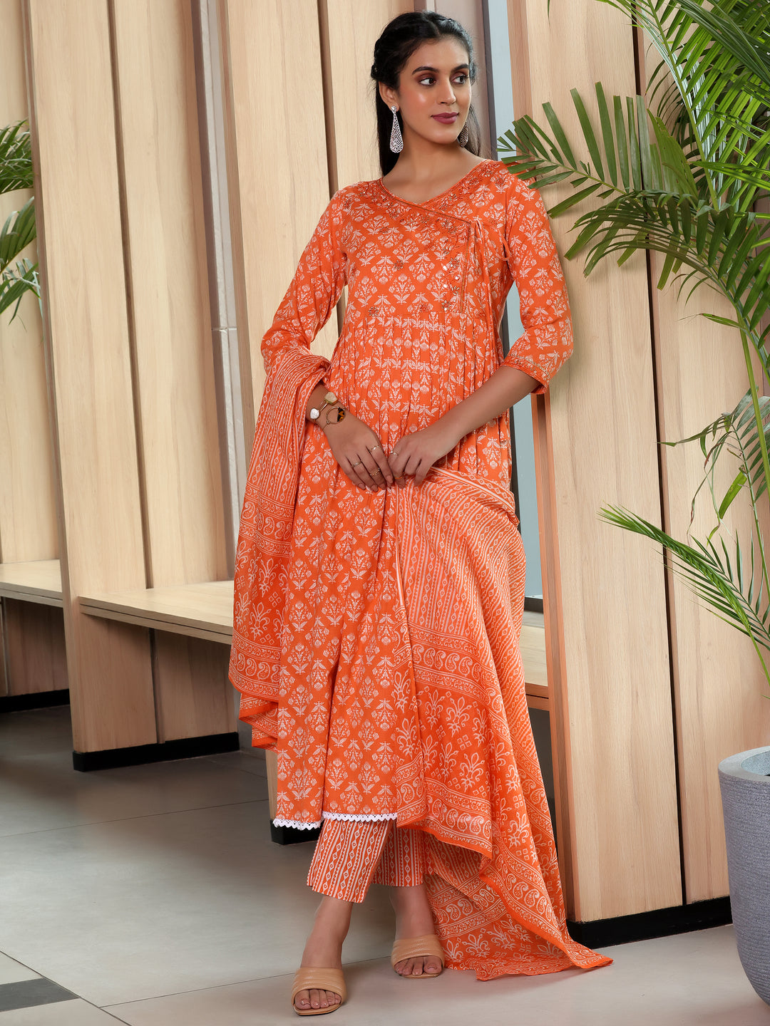 Orange Printed Cotton Anarkali Suit With Dupatta