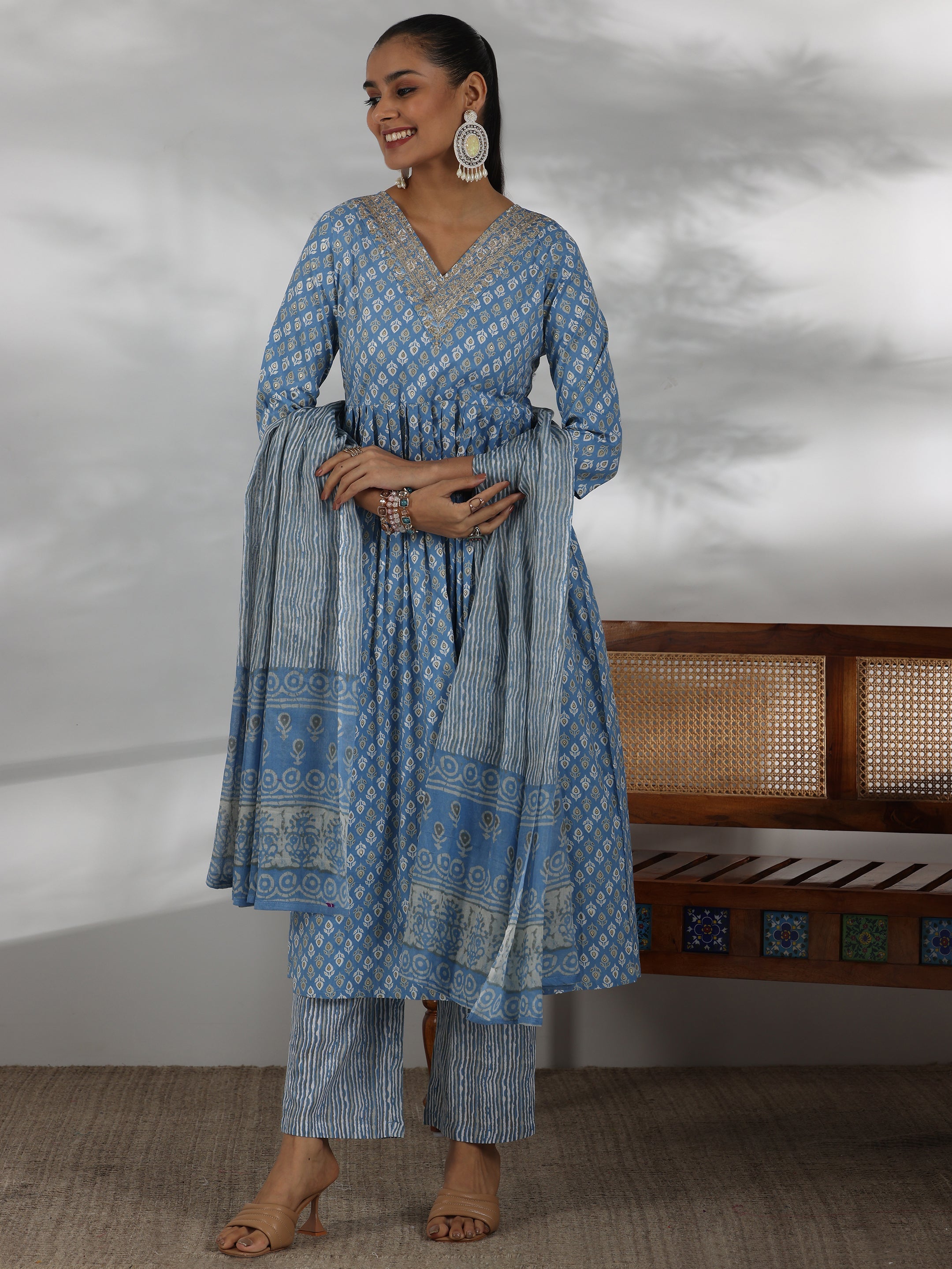 Blue Printed Cotton Anarkali Suit With Dupatta