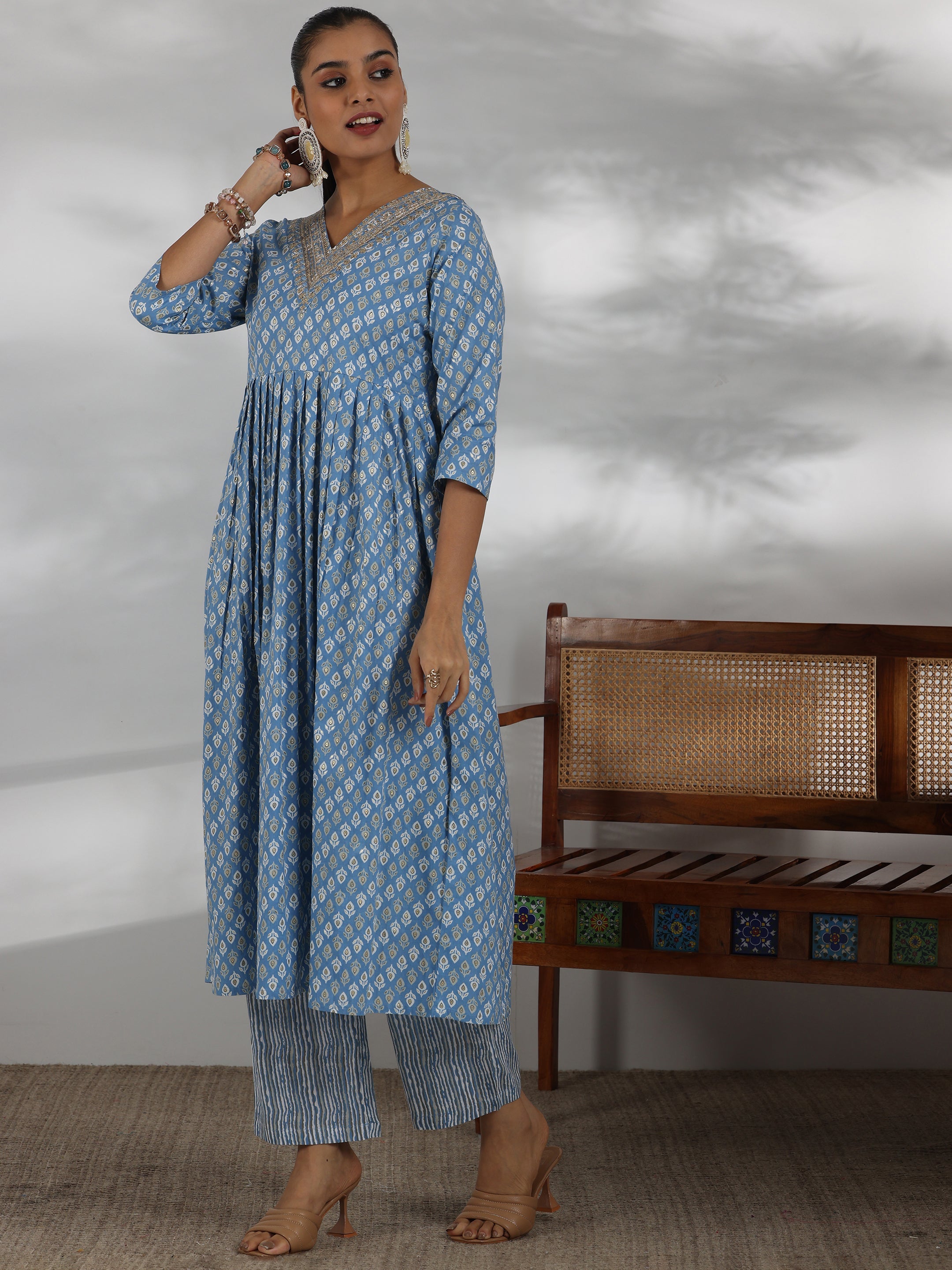 Blue Printed Cotton Anarkali Suit With Dupatta