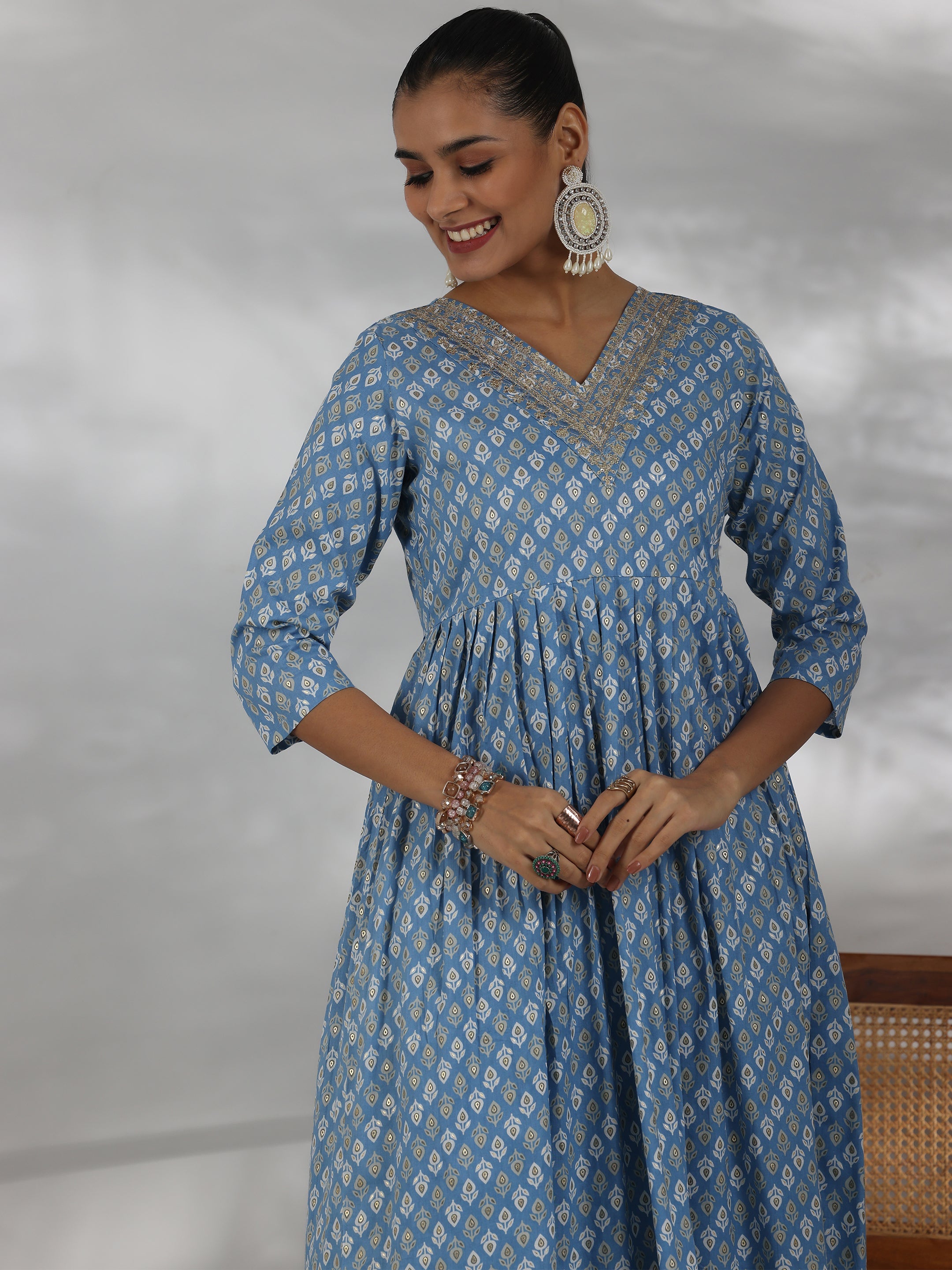 Blue Printed Cotton Anarkali Suit With Dupatta