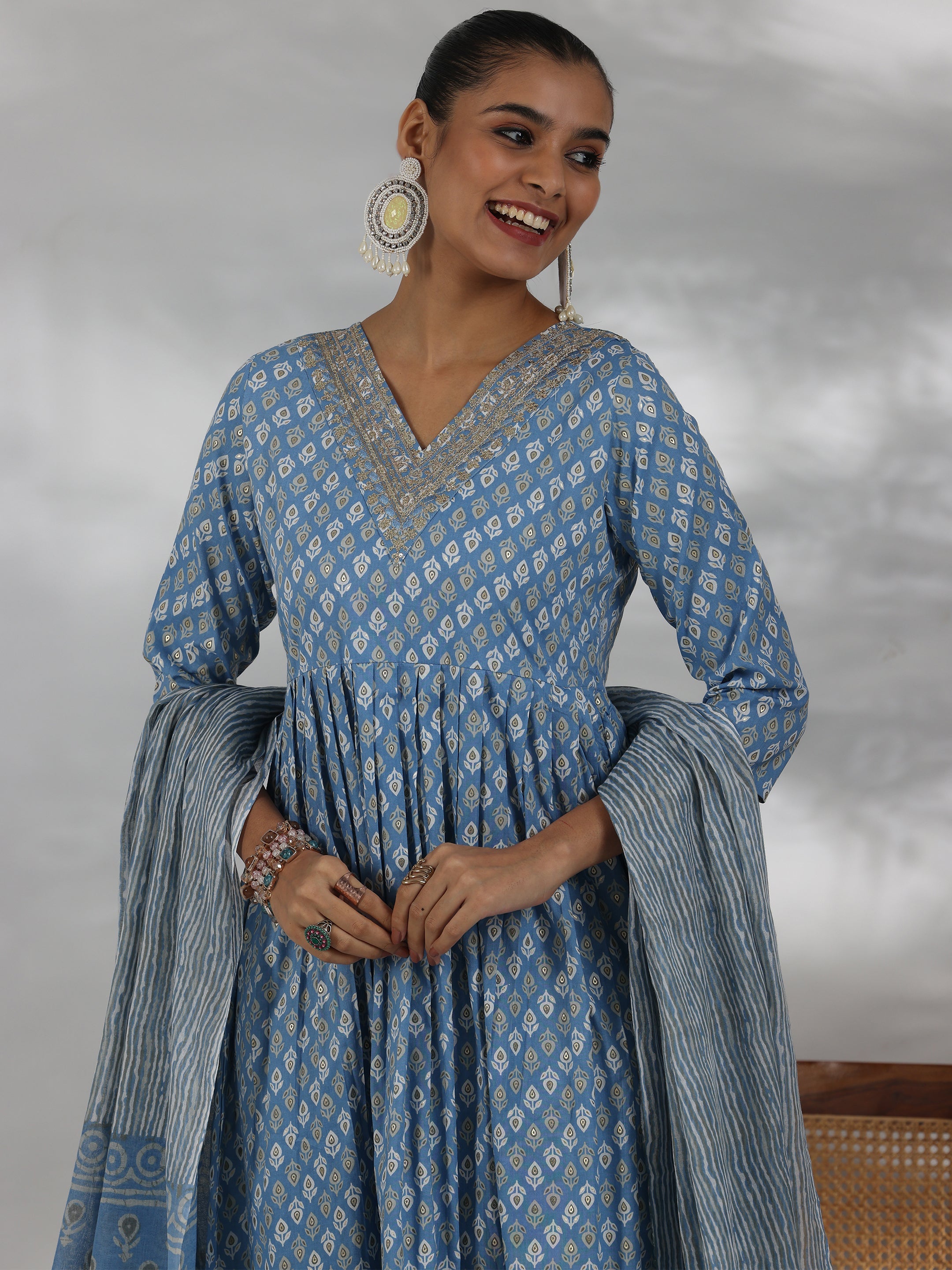 Blue Printed Cotton Anarkali Suit With Dupatta