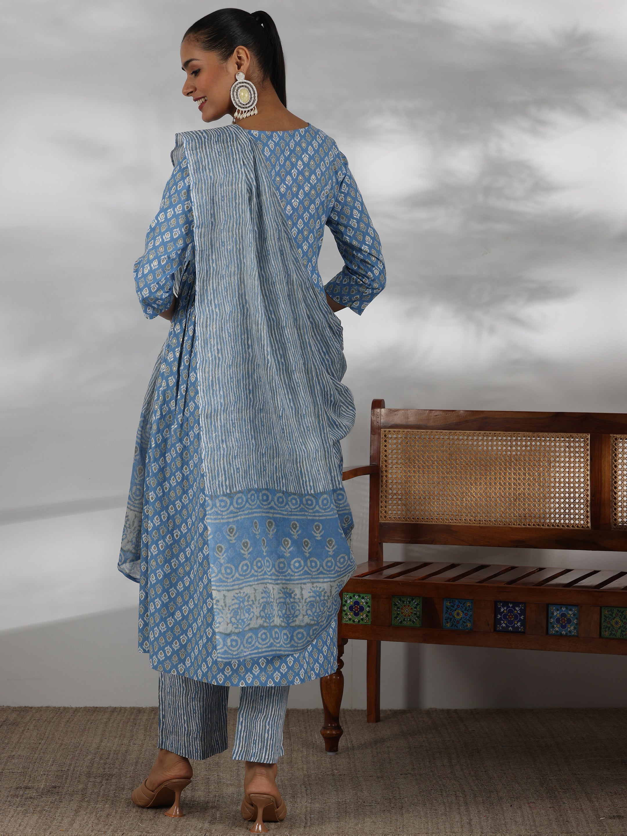 Blue Printed Cotton Anarkali Suit With Dupatta