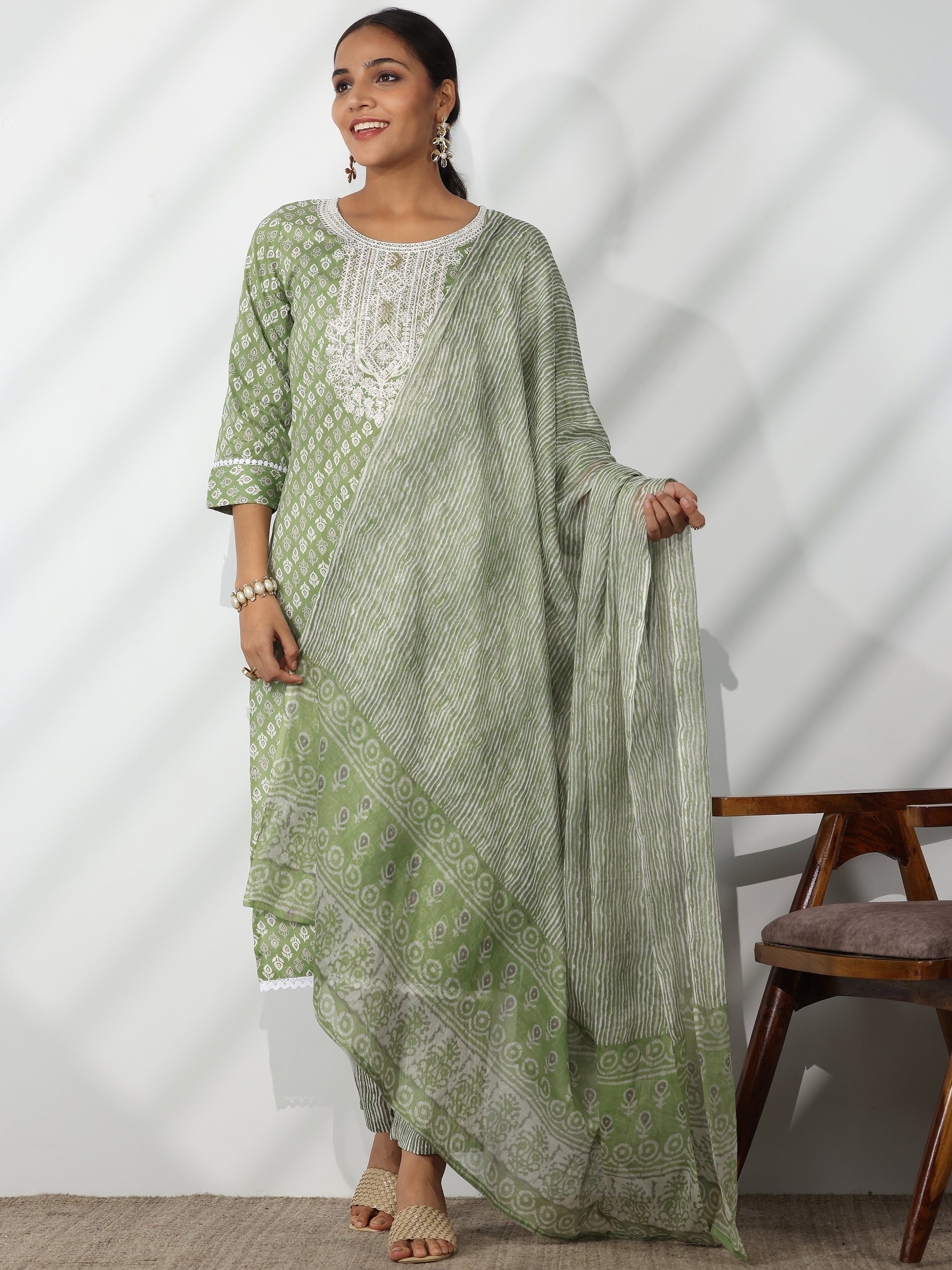 Green Printed Cotton Straight Suit With Dupatta