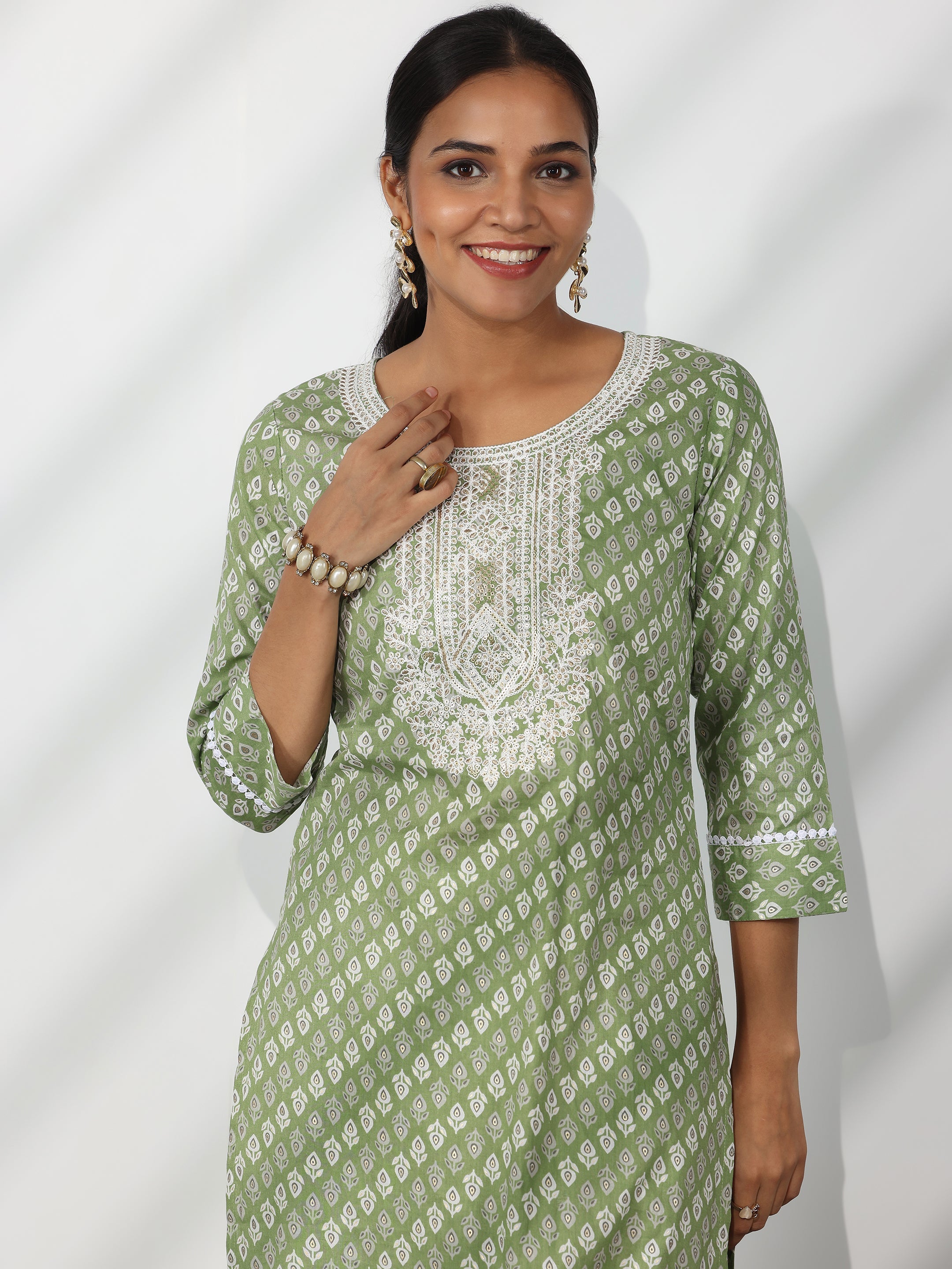 Green Printed Cotton Straight Suit With Dupatta