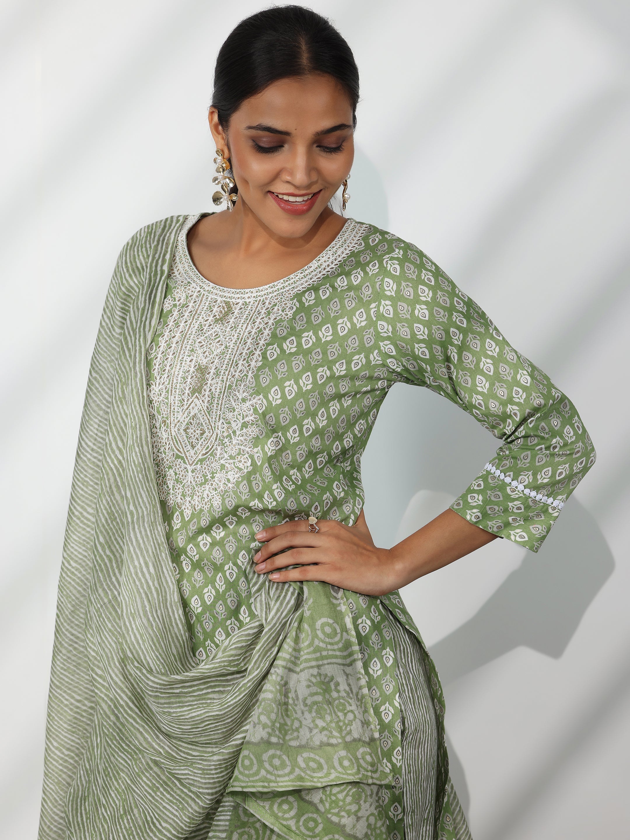 Green Printed Cotton Straight Suit With Dupatta