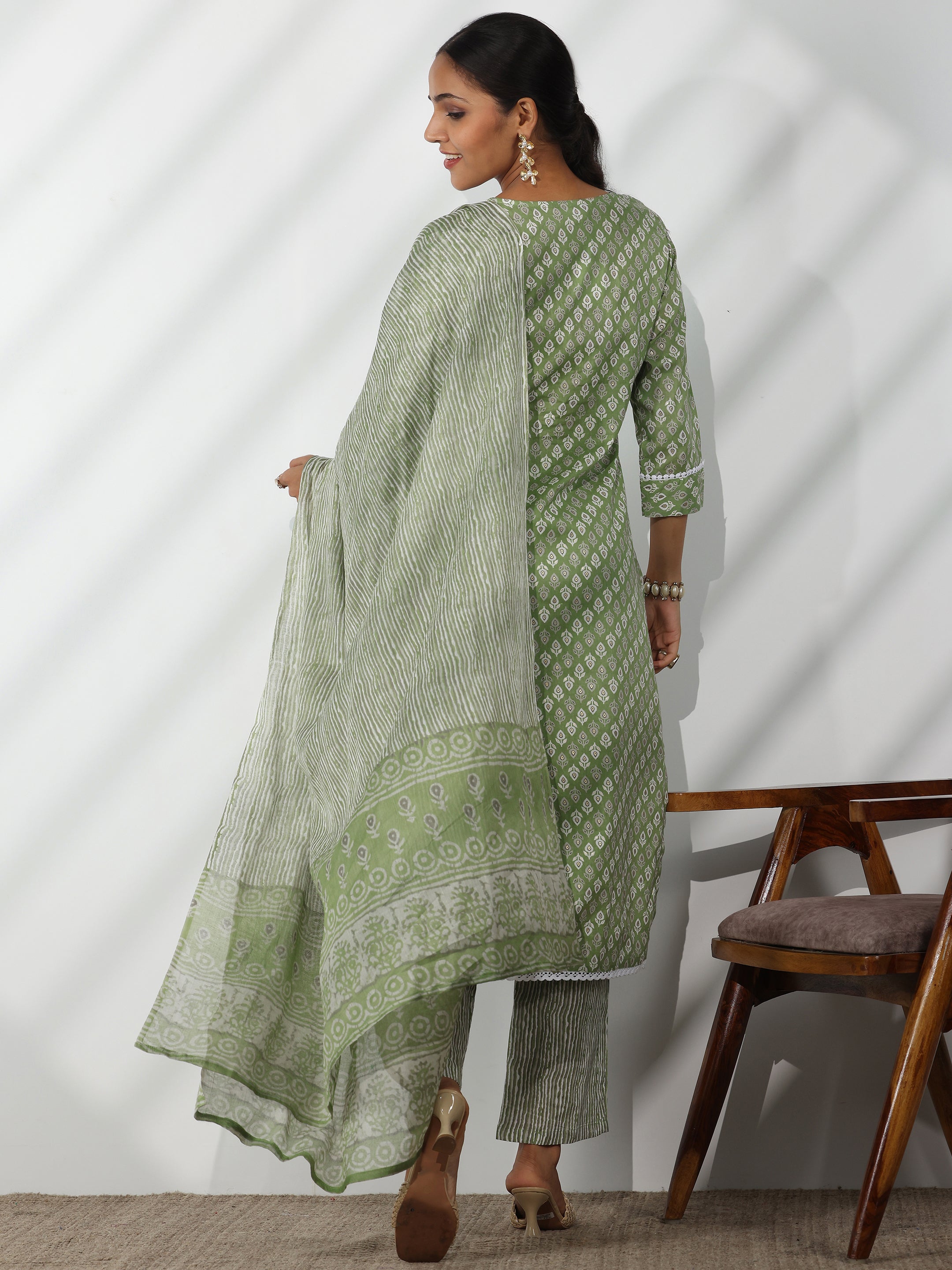 Green Printed Cotton Straight Suit With Dupatta