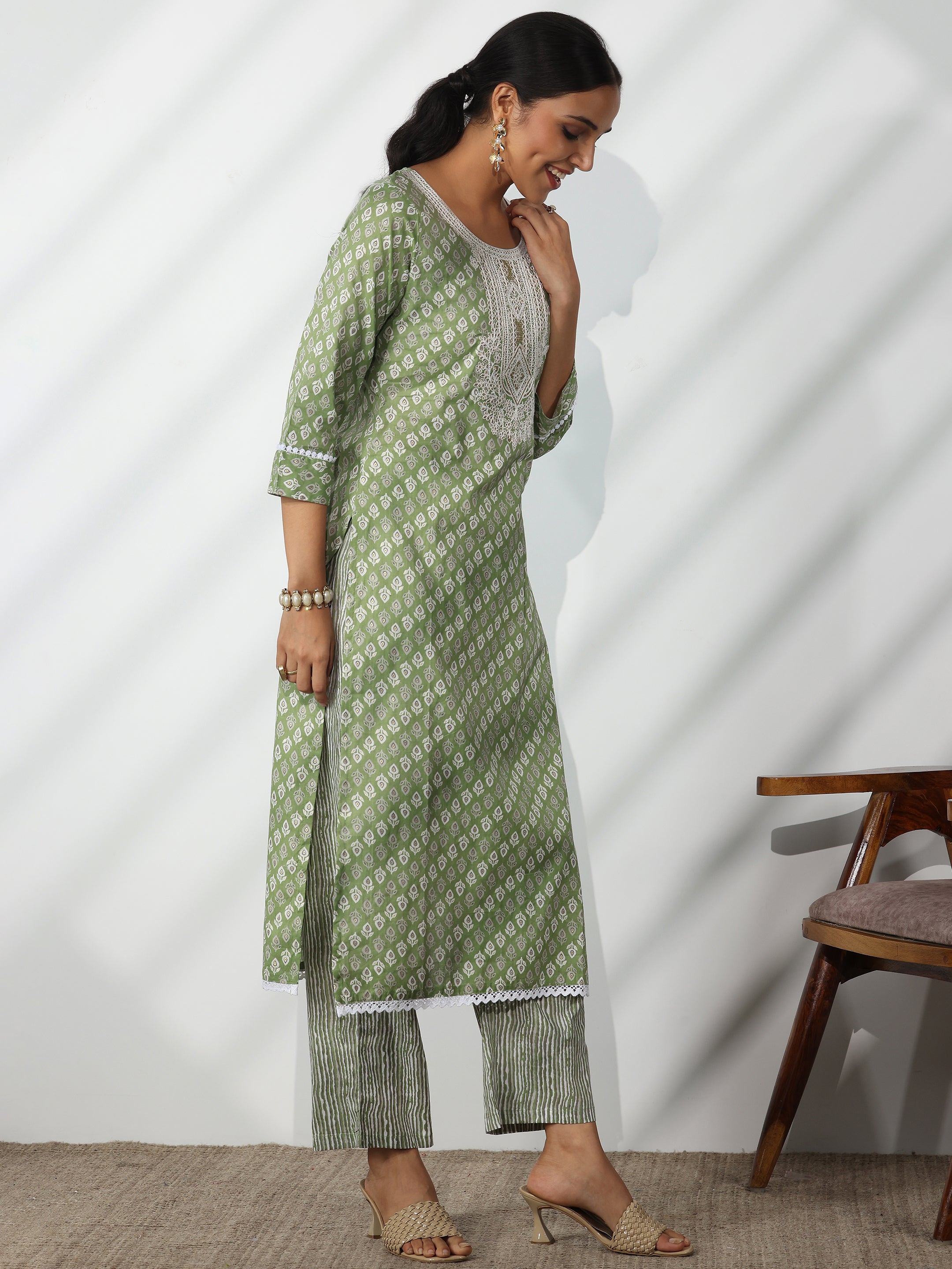 Green Printed Cotton Straight Suit With Dupatta