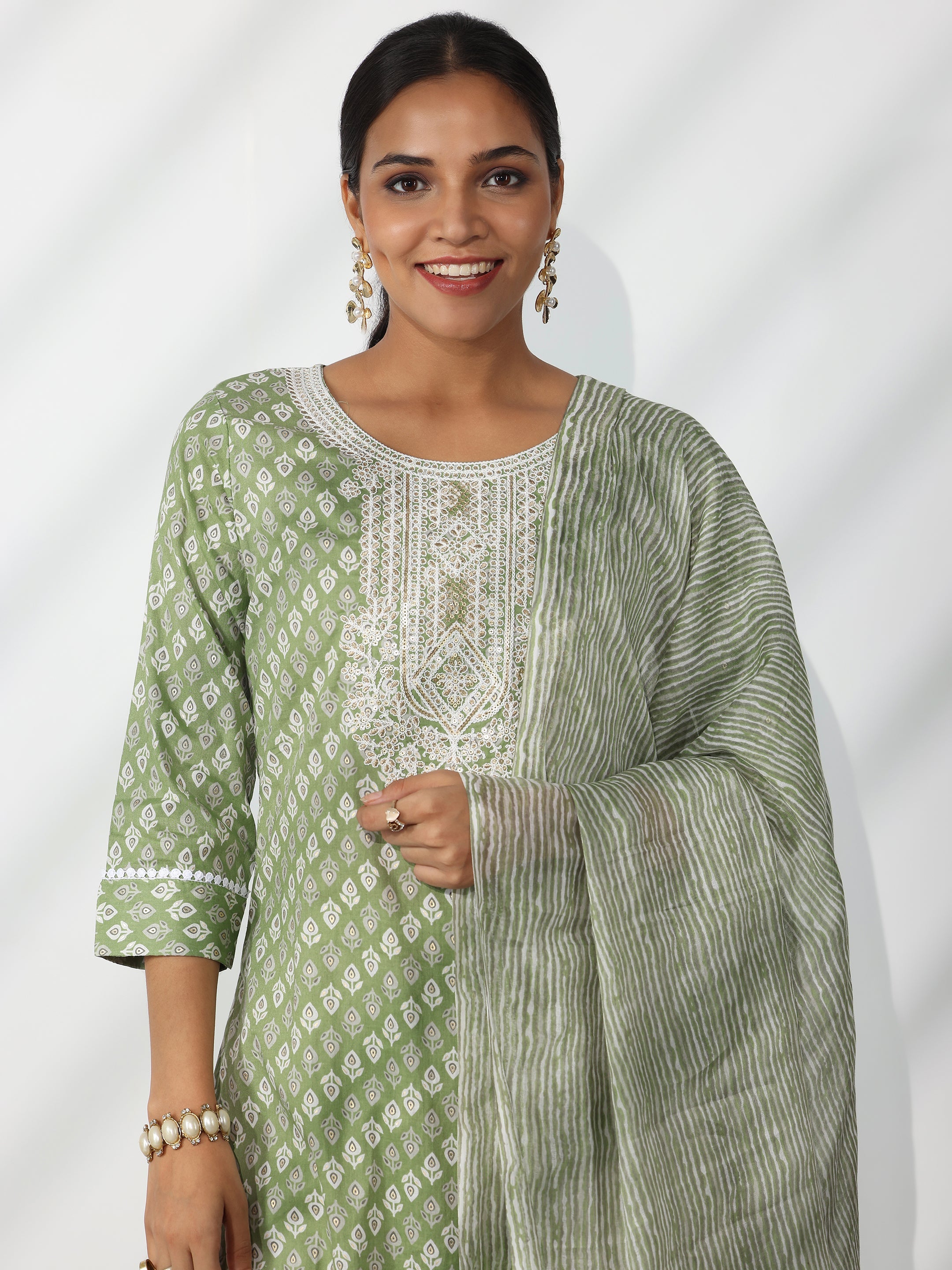 Green Printed Cotton Straight Suit With Dupatta