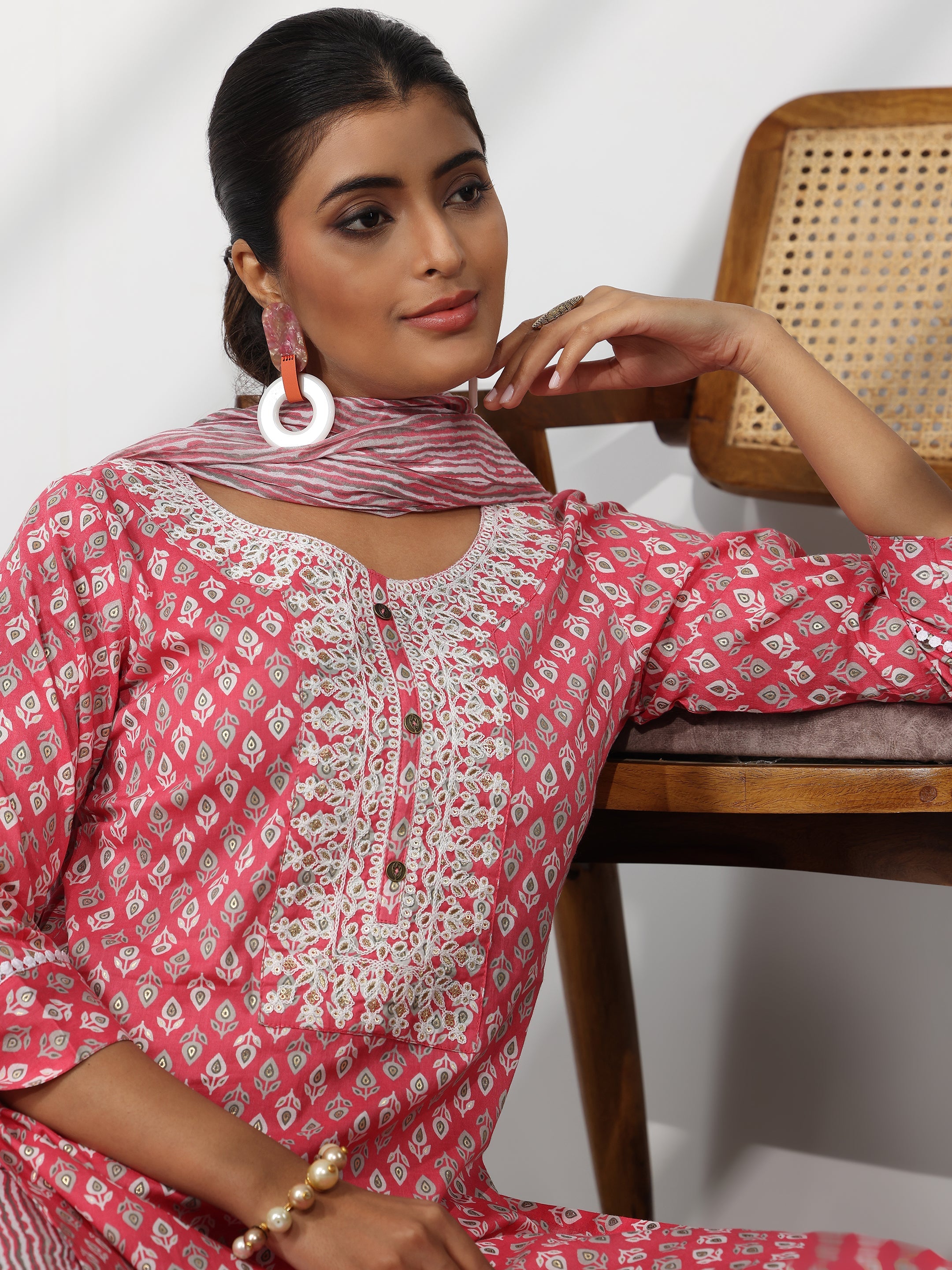 Pink Printed Cotton Straight Suit With Dupatta