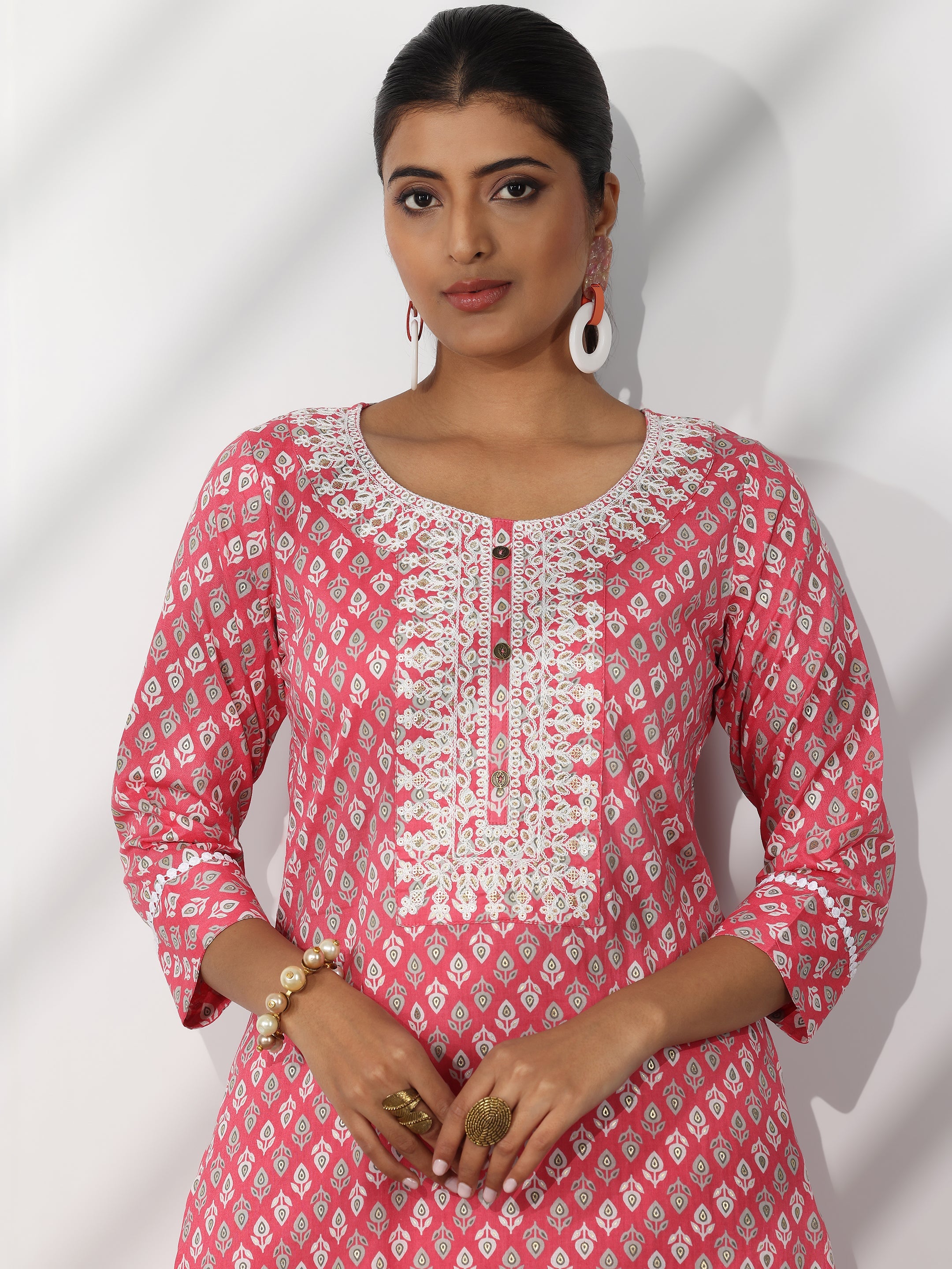 Pink Printed Cotton Straight Suit With Dupatta