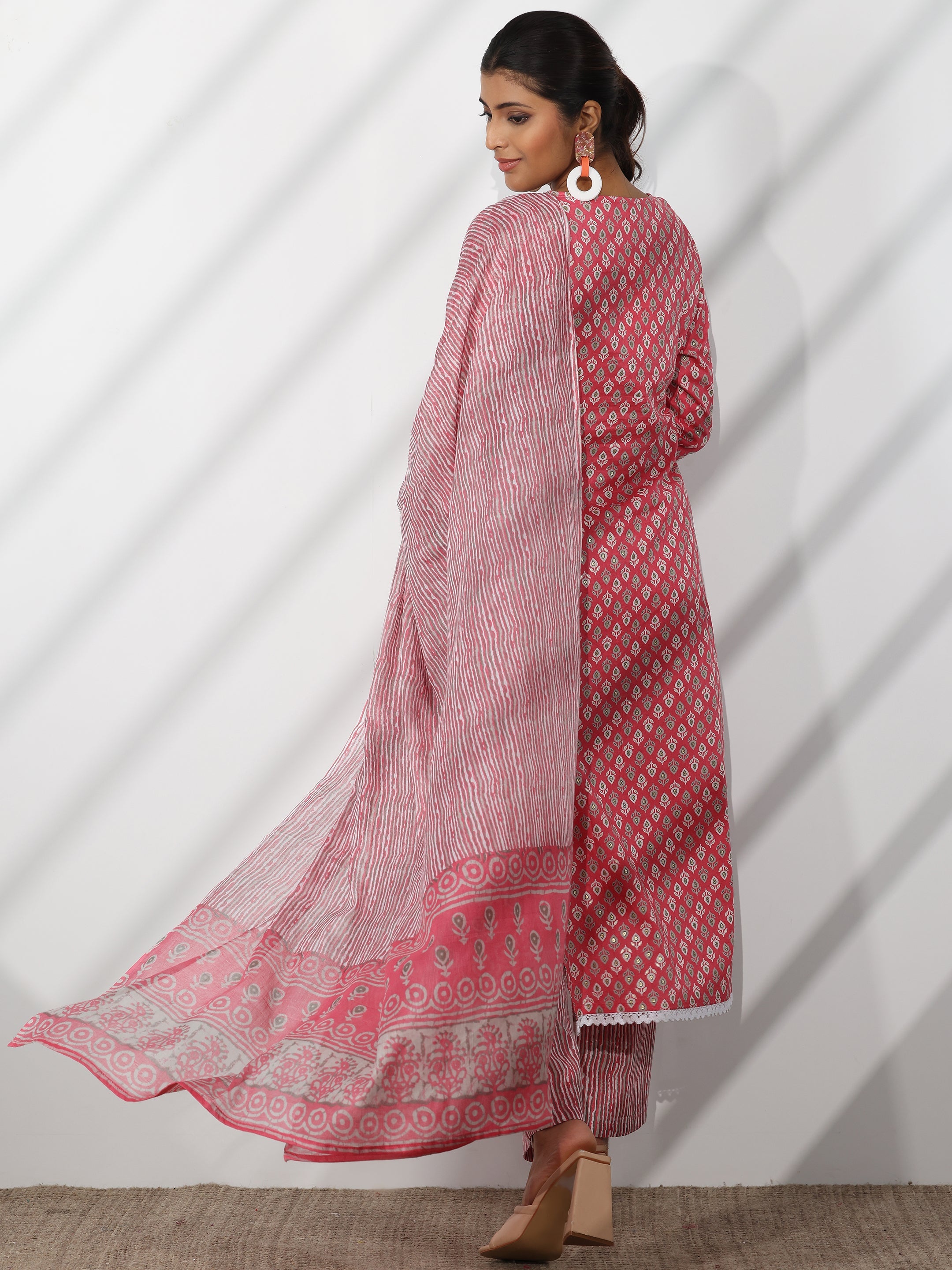 Pink Printed Cotton Straight Suit With Dupatta