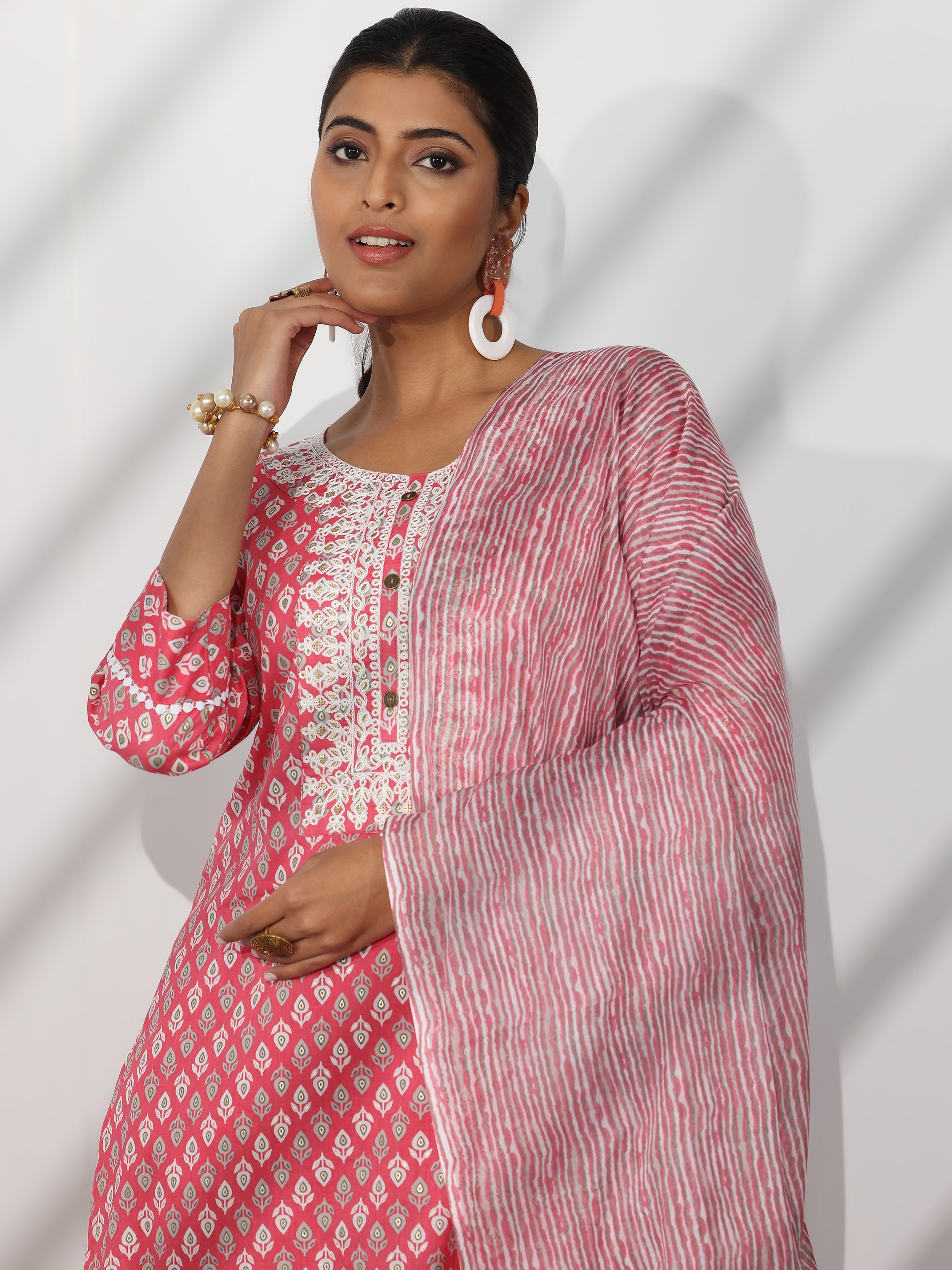 Pink Printed Cotton Straight Suit With Dupatta