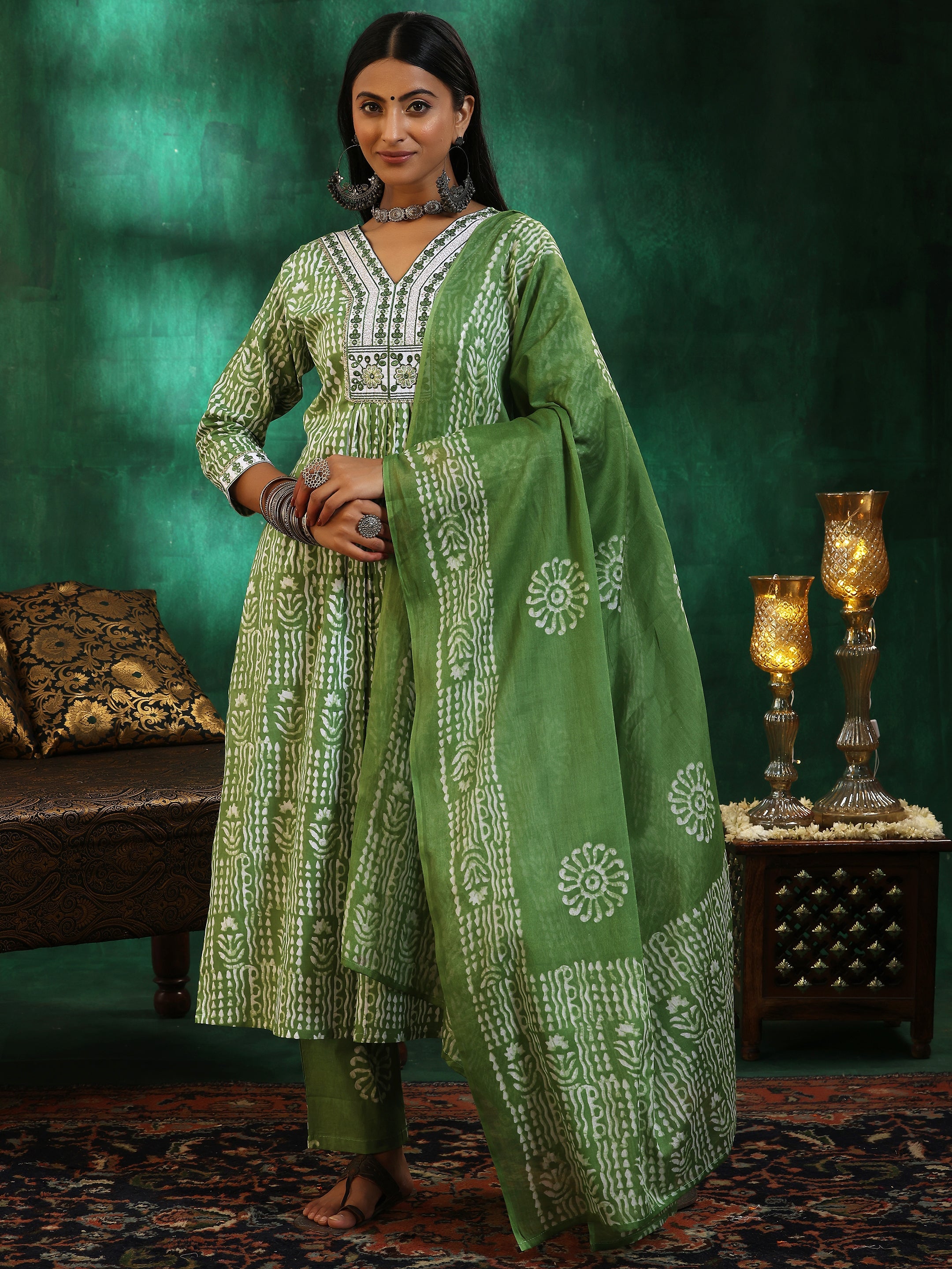 Green Printed Cotton Straight Suit With Dupatta