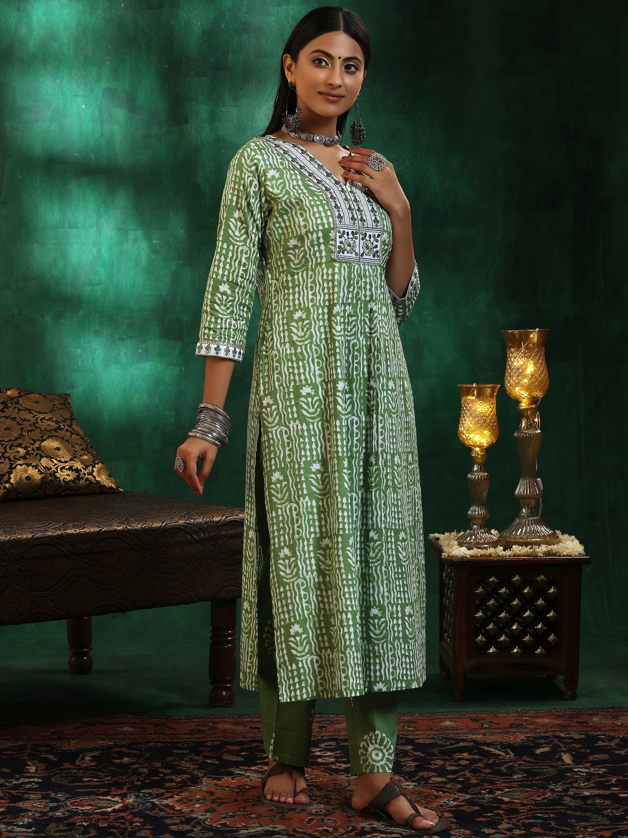 Green Printed Cotton Straight Suit With Dupatta