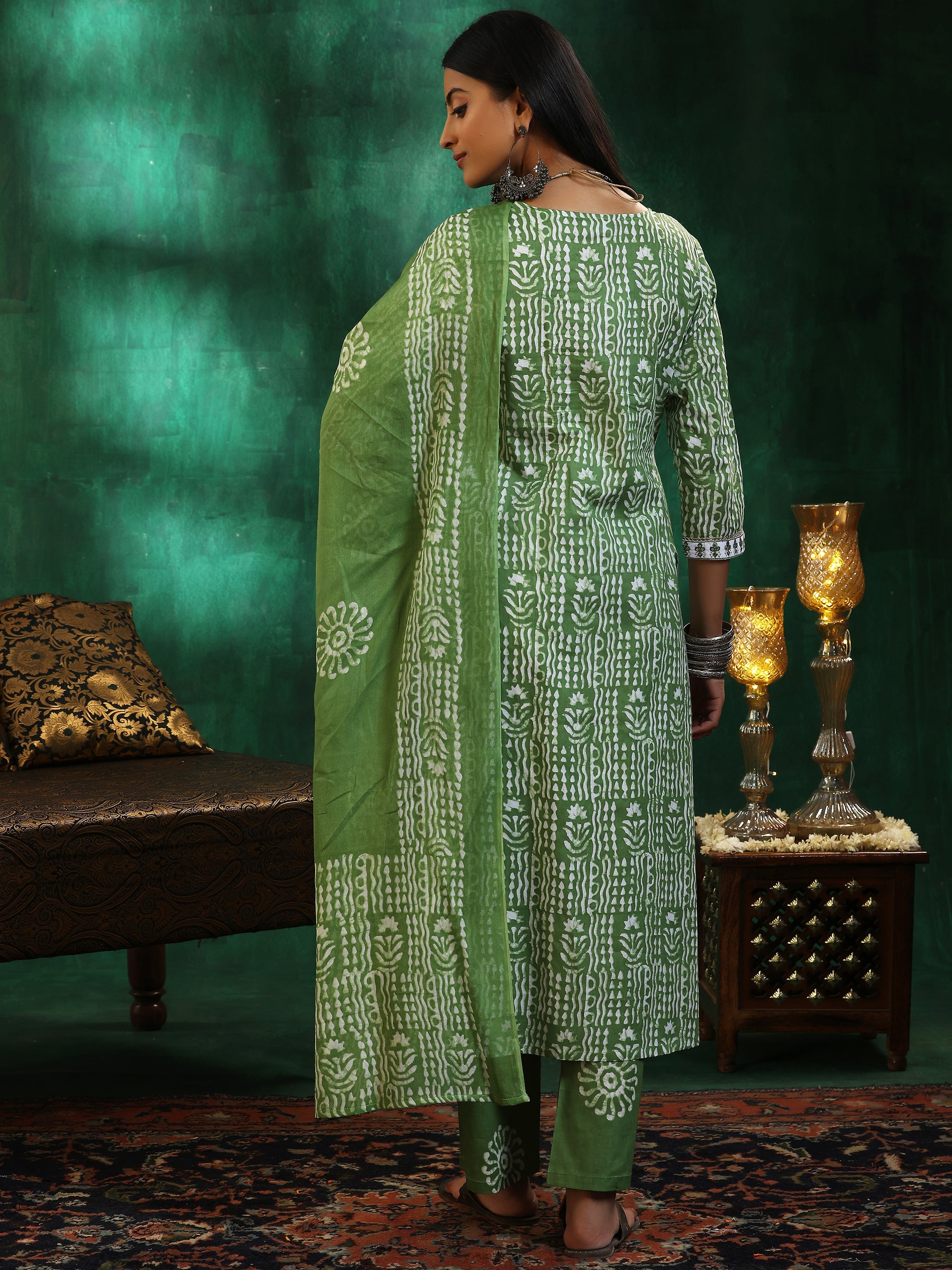 Green Printed Cotton Straight Suit With Dupatta