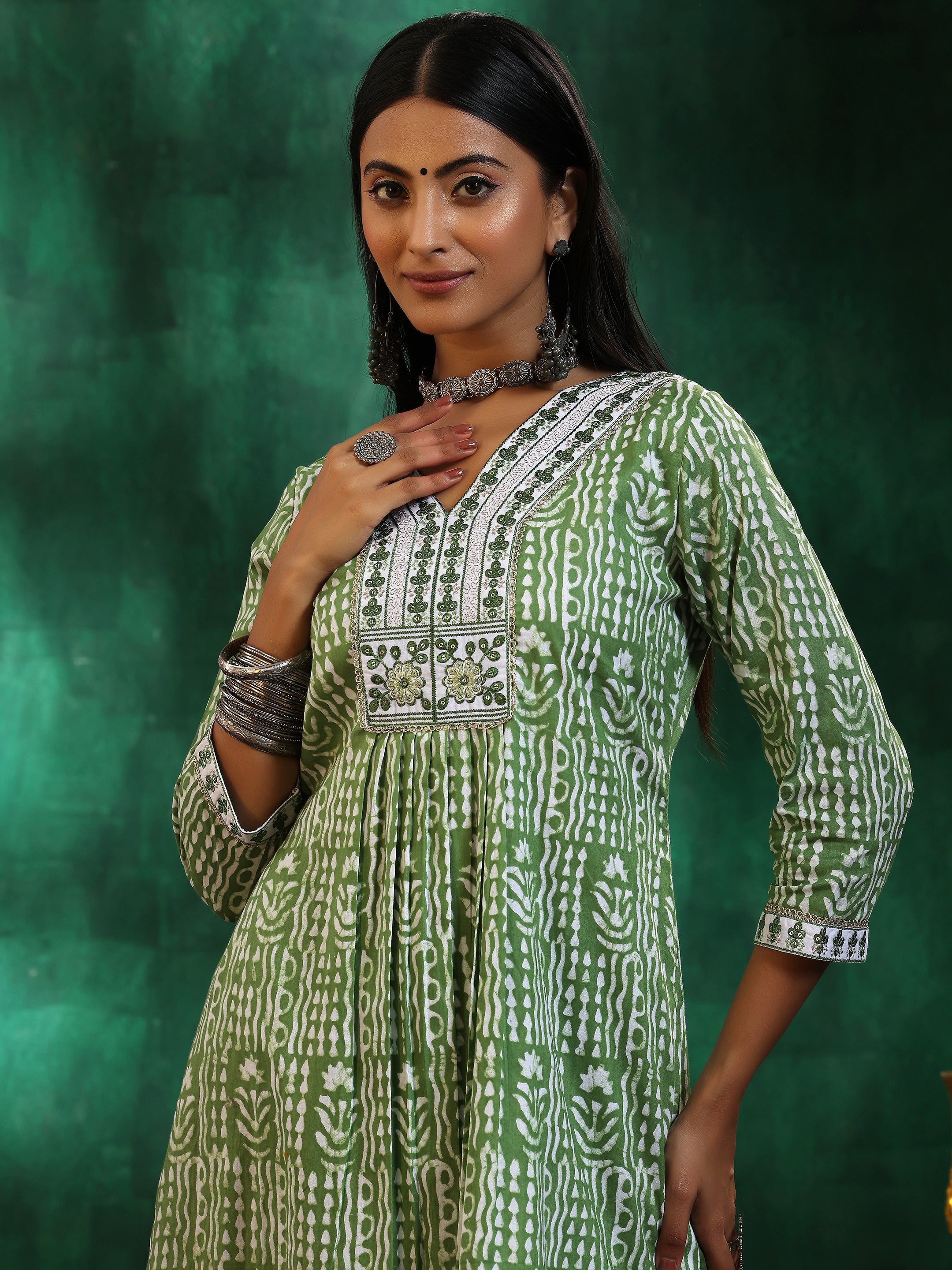 Green Printed Cotton Straight Suit With Dupatta