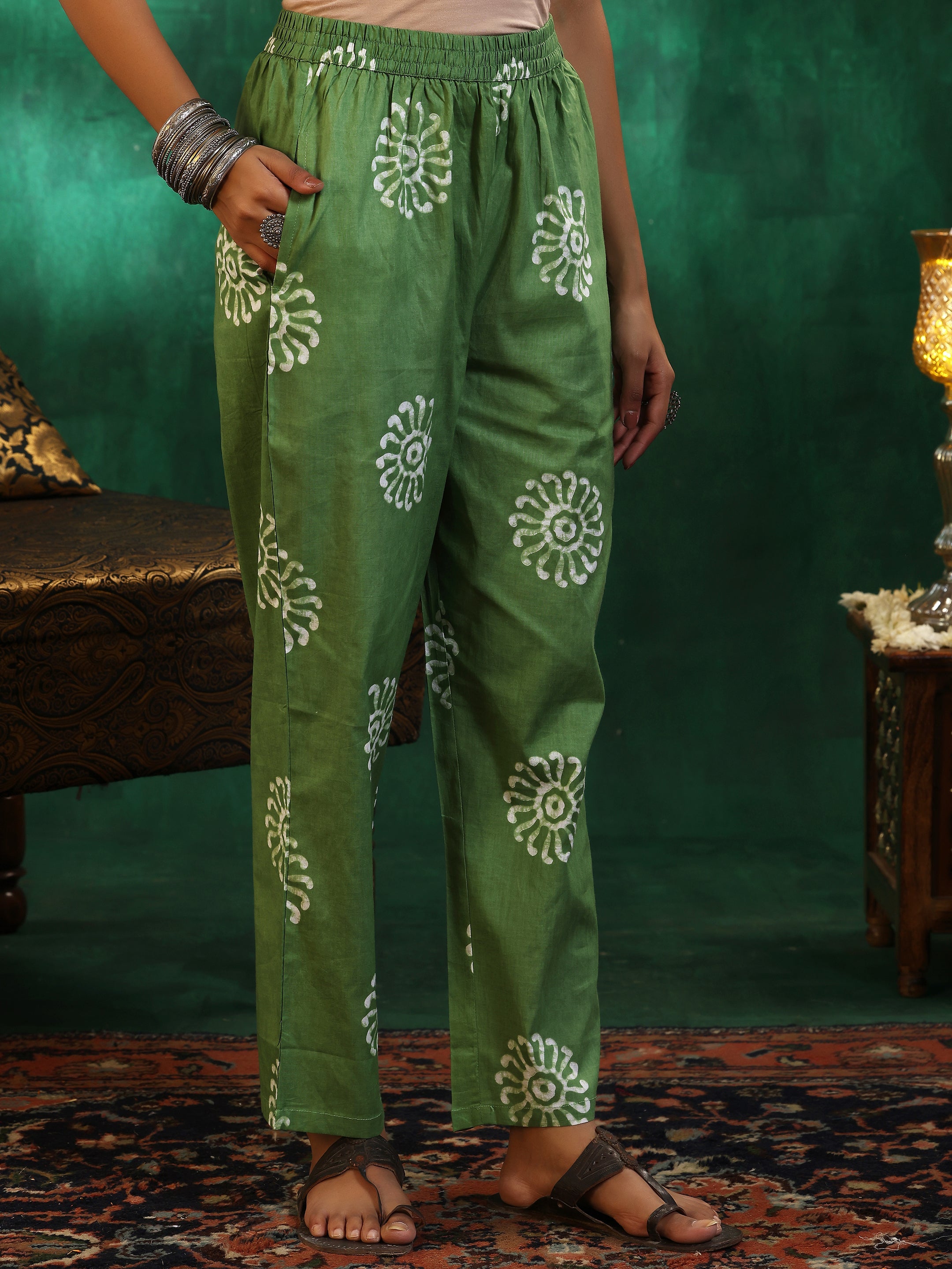 Green Printed Cotton Straight Suit With Dupatta