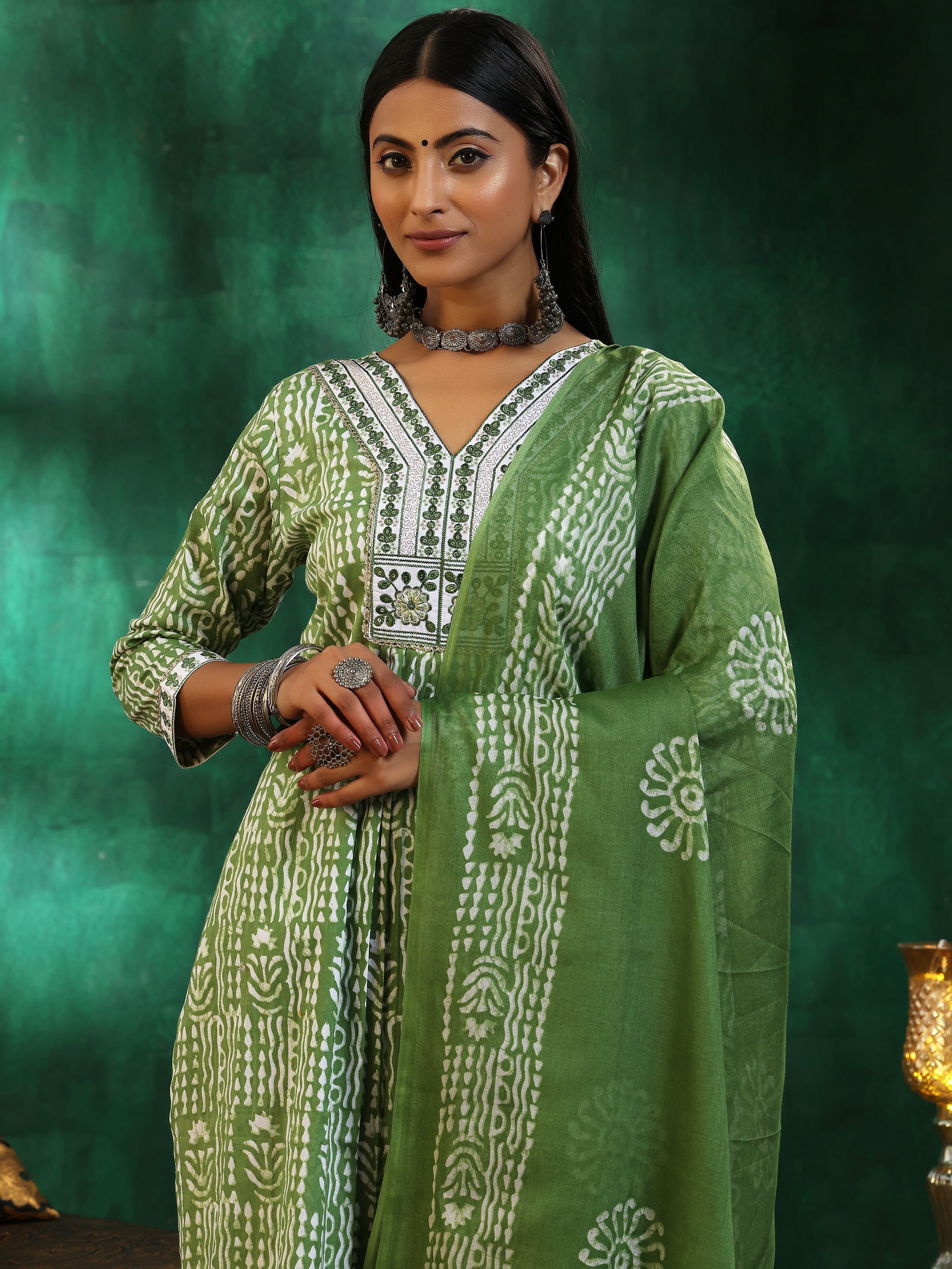 Green Printed Cotton Straight Suit With Dupatta