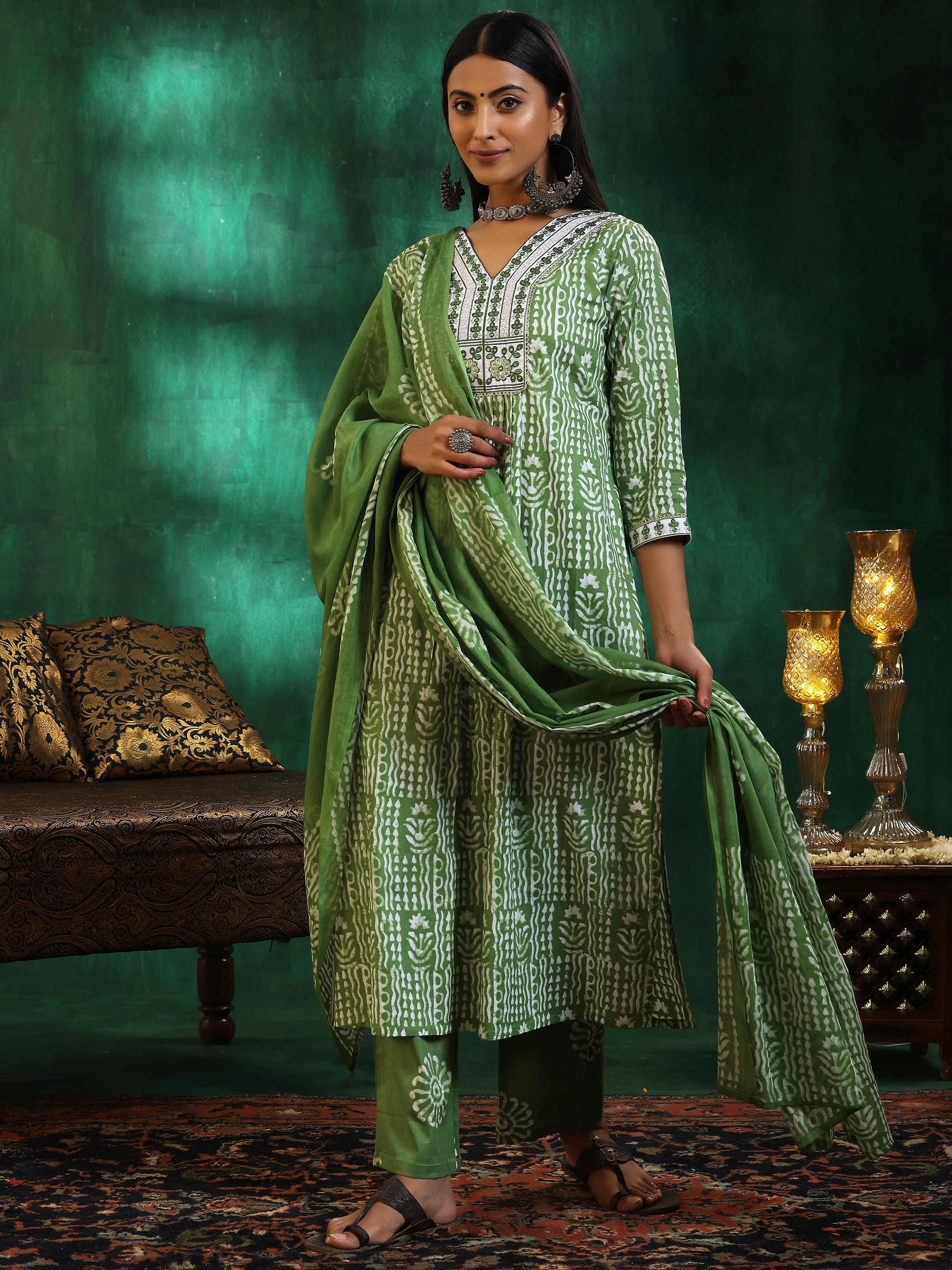 Green Printed Cotton Straight Suit With Dupatta