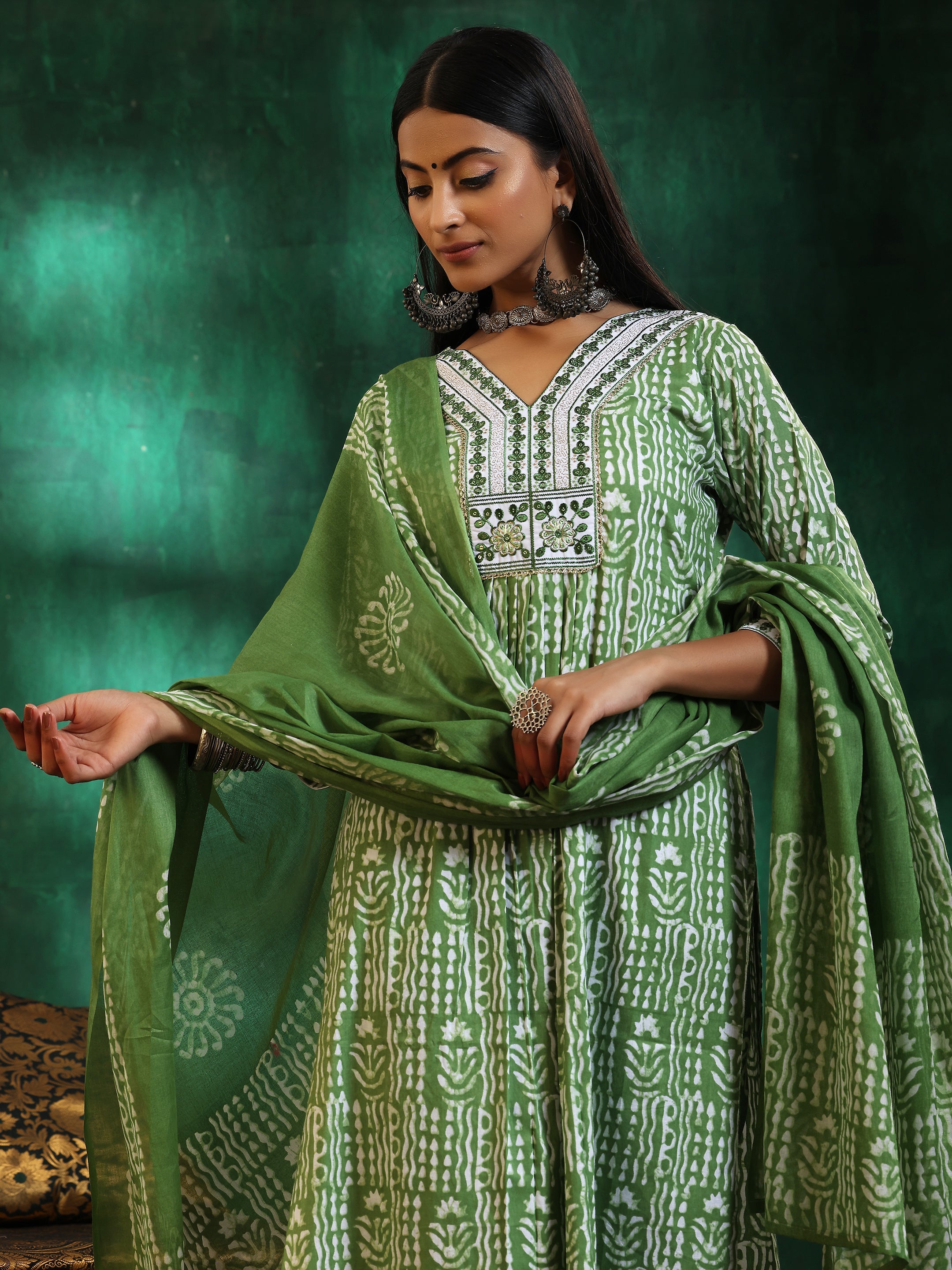 Green Printed Cotton Straight Suit With Dupatta