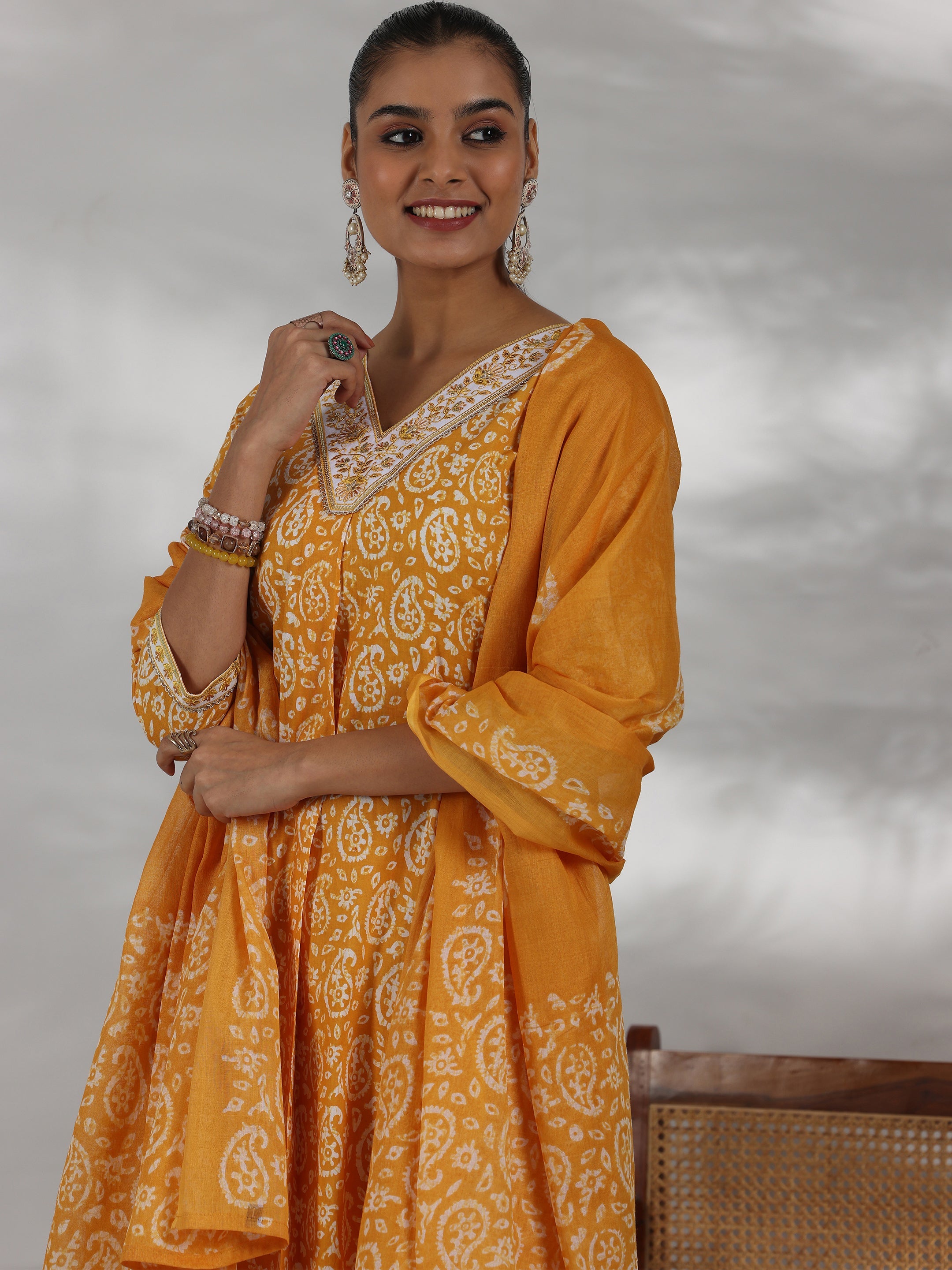 Mustard Printed Cotton Straight Suit With Dupatta