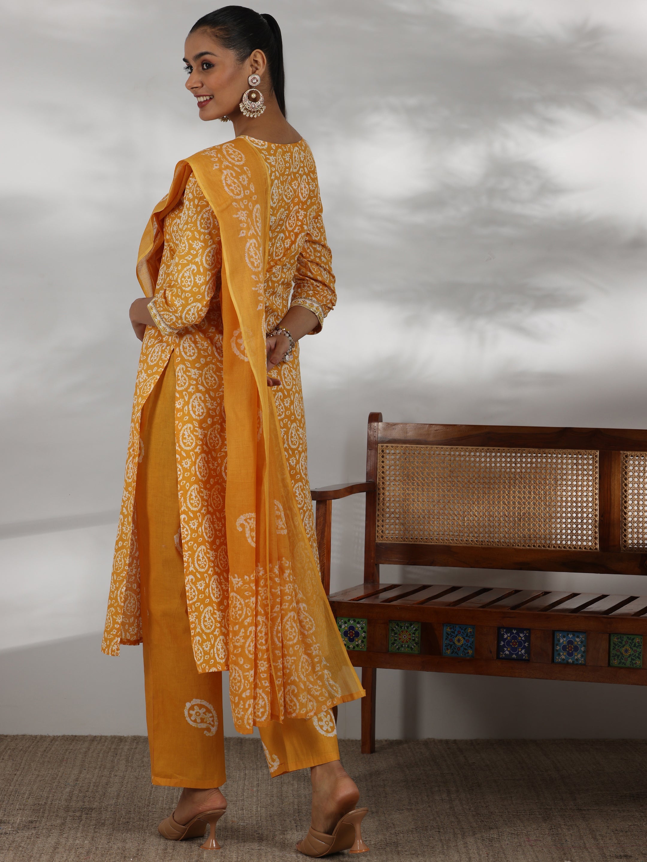 Mustard Printed Cotton Straight Suit With Dupatta