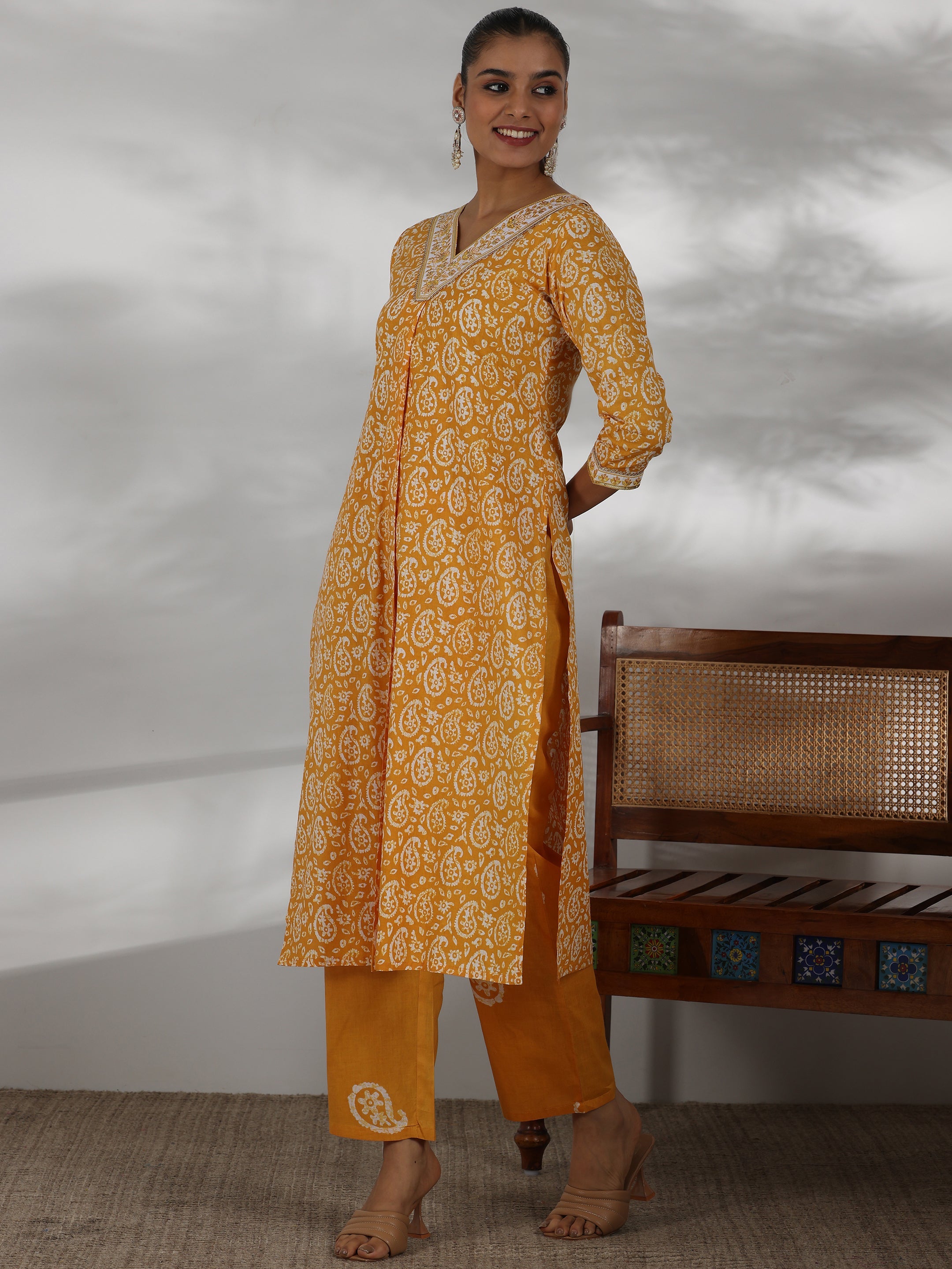 Mustard Printed Cotton Straight Suit With Dupatta