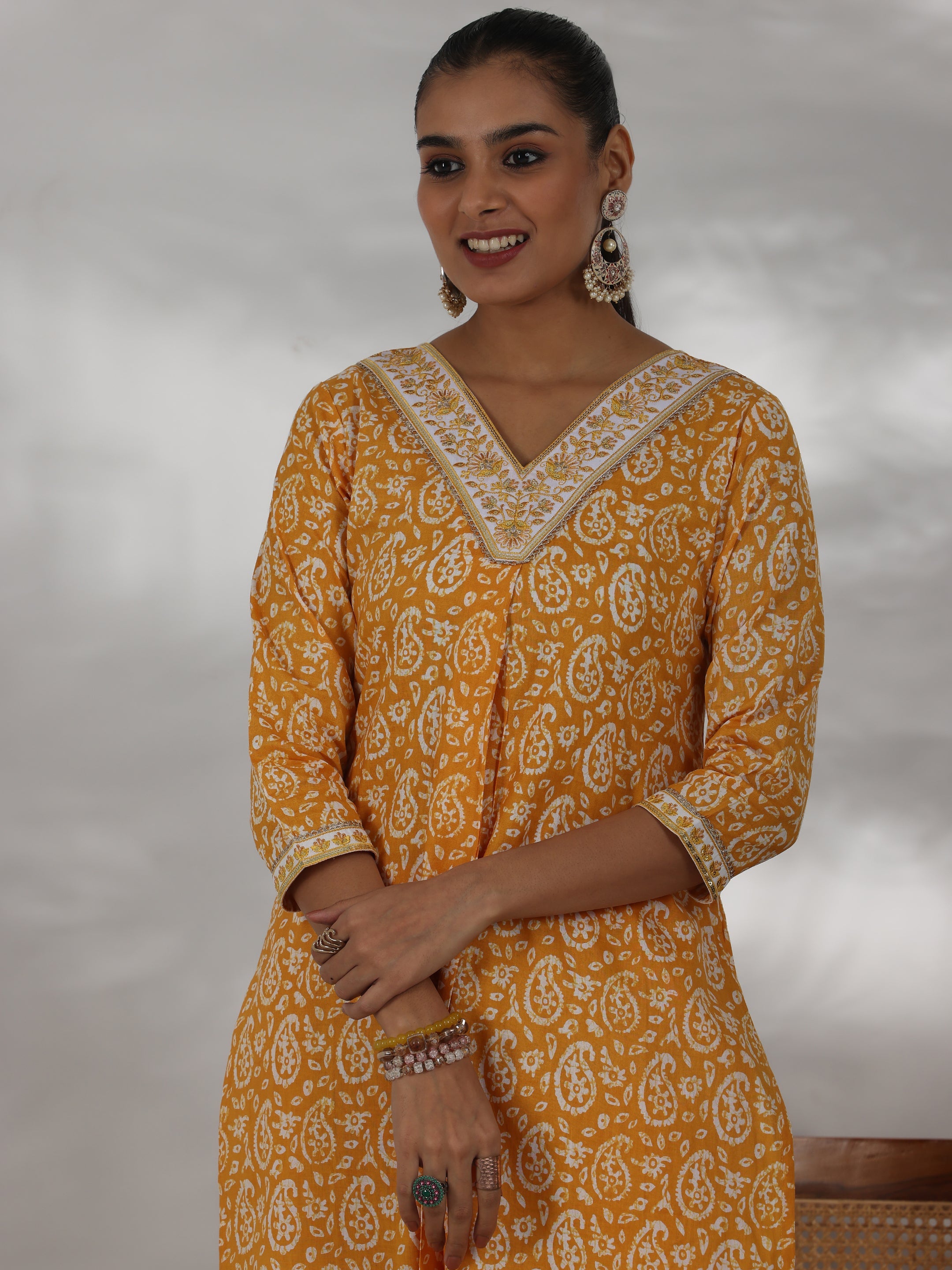 Mustard Printed Cotton Straight Suit With Dupatta