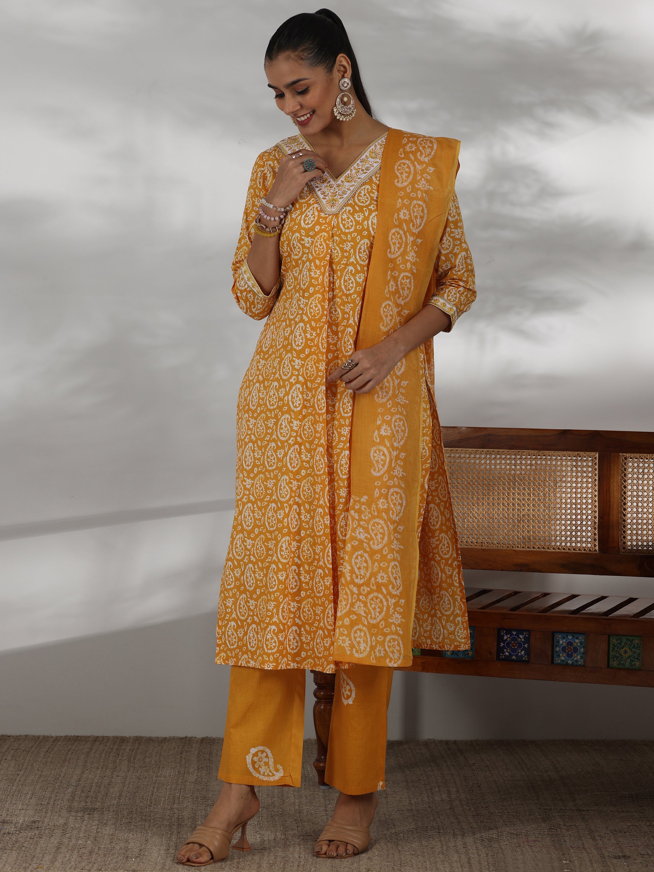 Mustard Printed Cotton Straight Suit With Dupatta