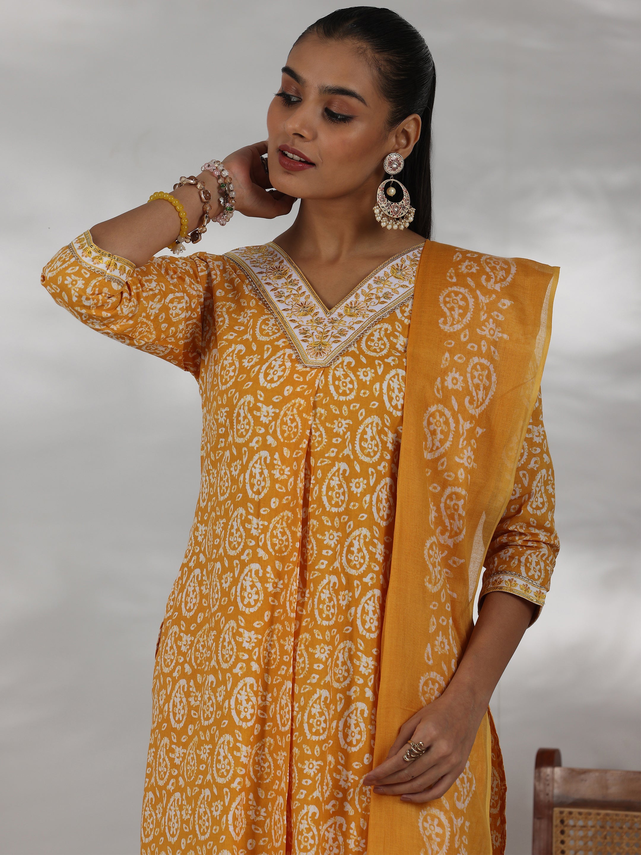 Mustard Printed Cotton Straight Suit With Dupatta