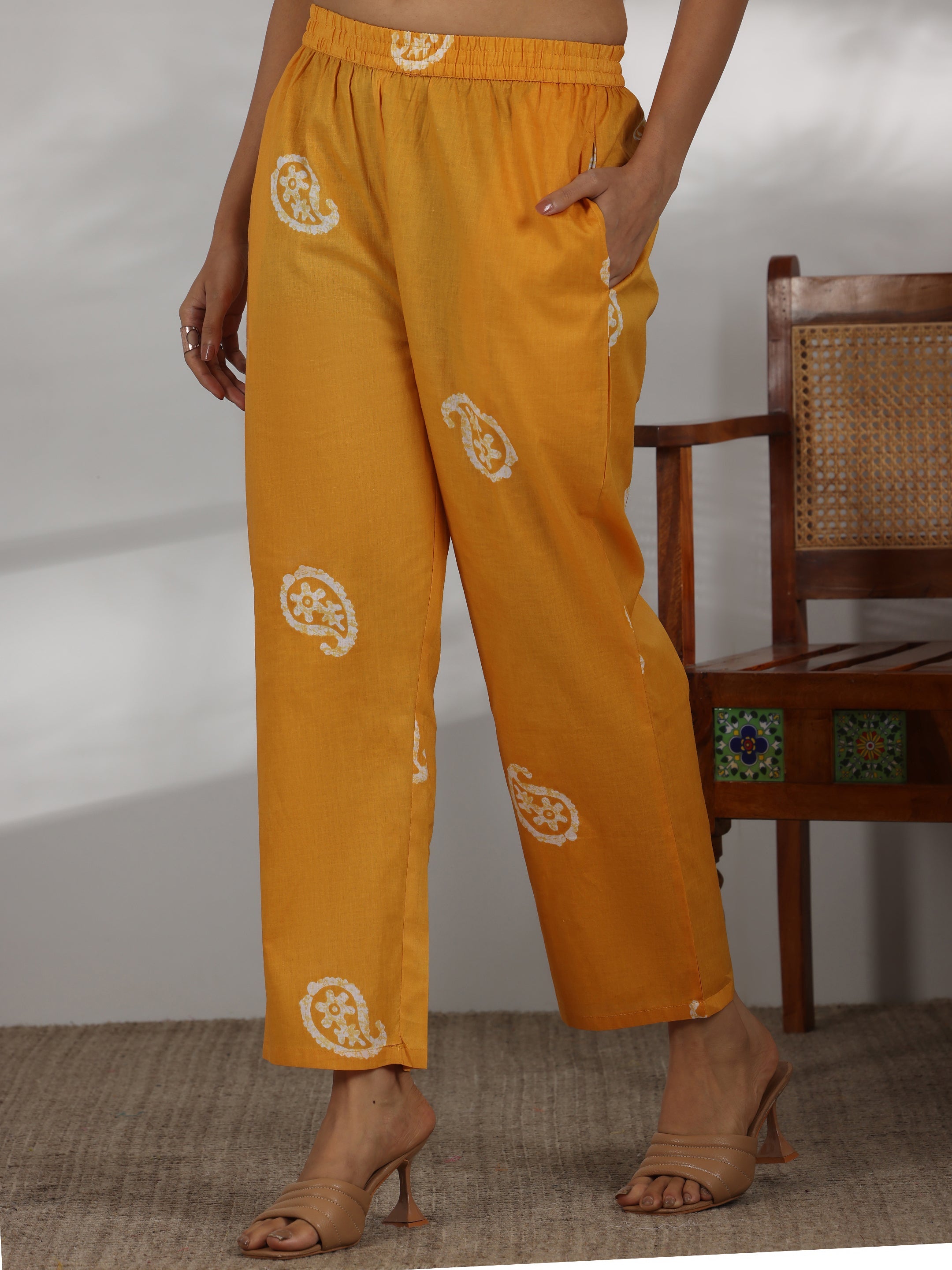 Mustard Printed Cotton Straight Suit With Dupatta