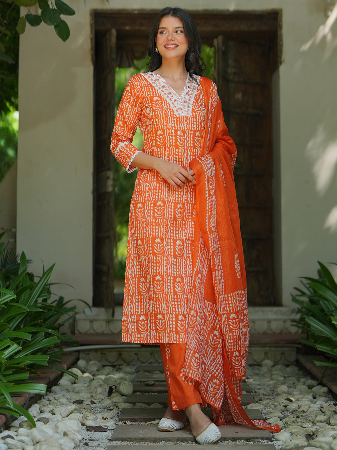 Orange Printed Cotton Straight Suit With Dupatta