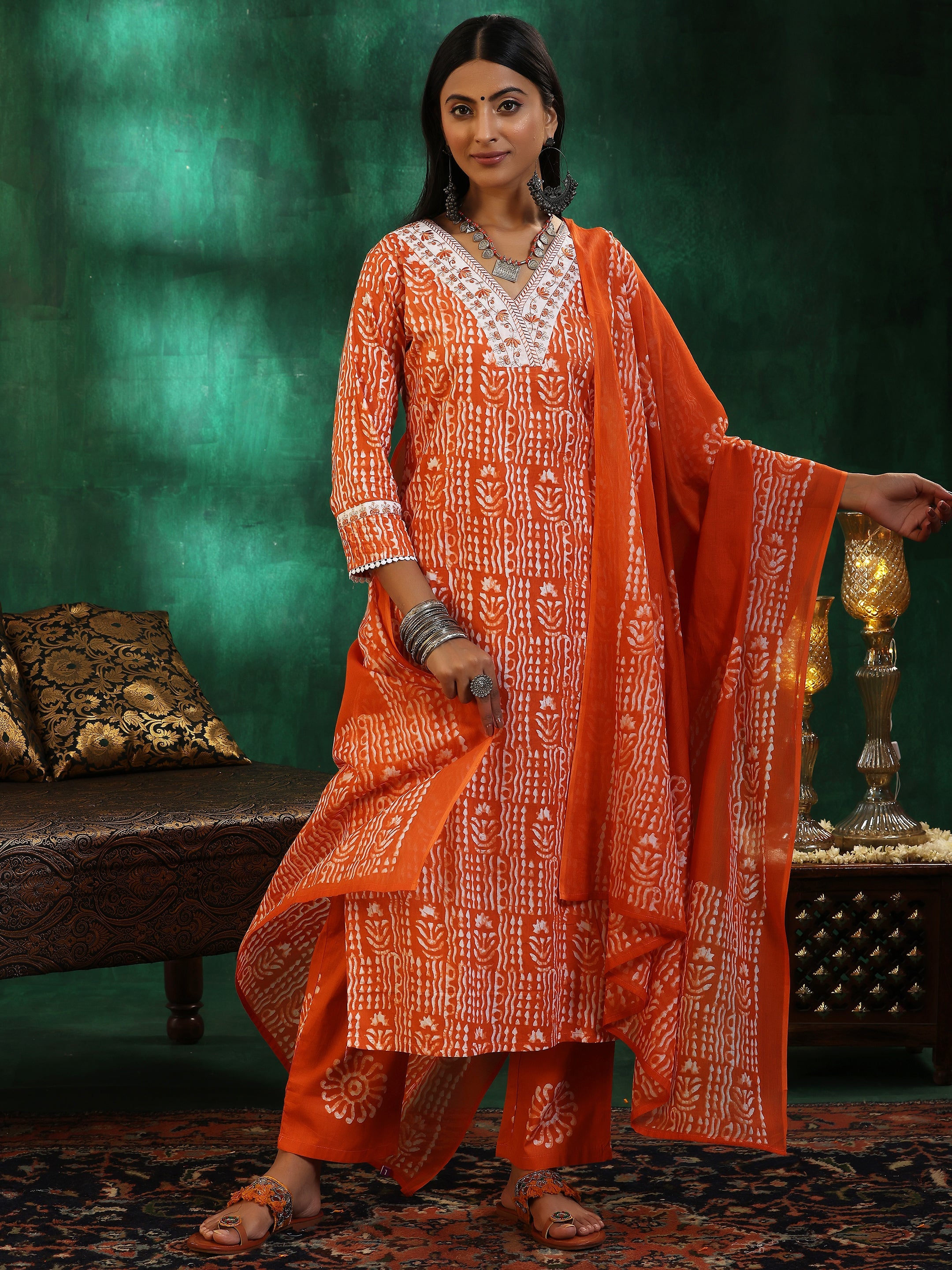 Orange Printed Cotton Straight Suit With Dupatta