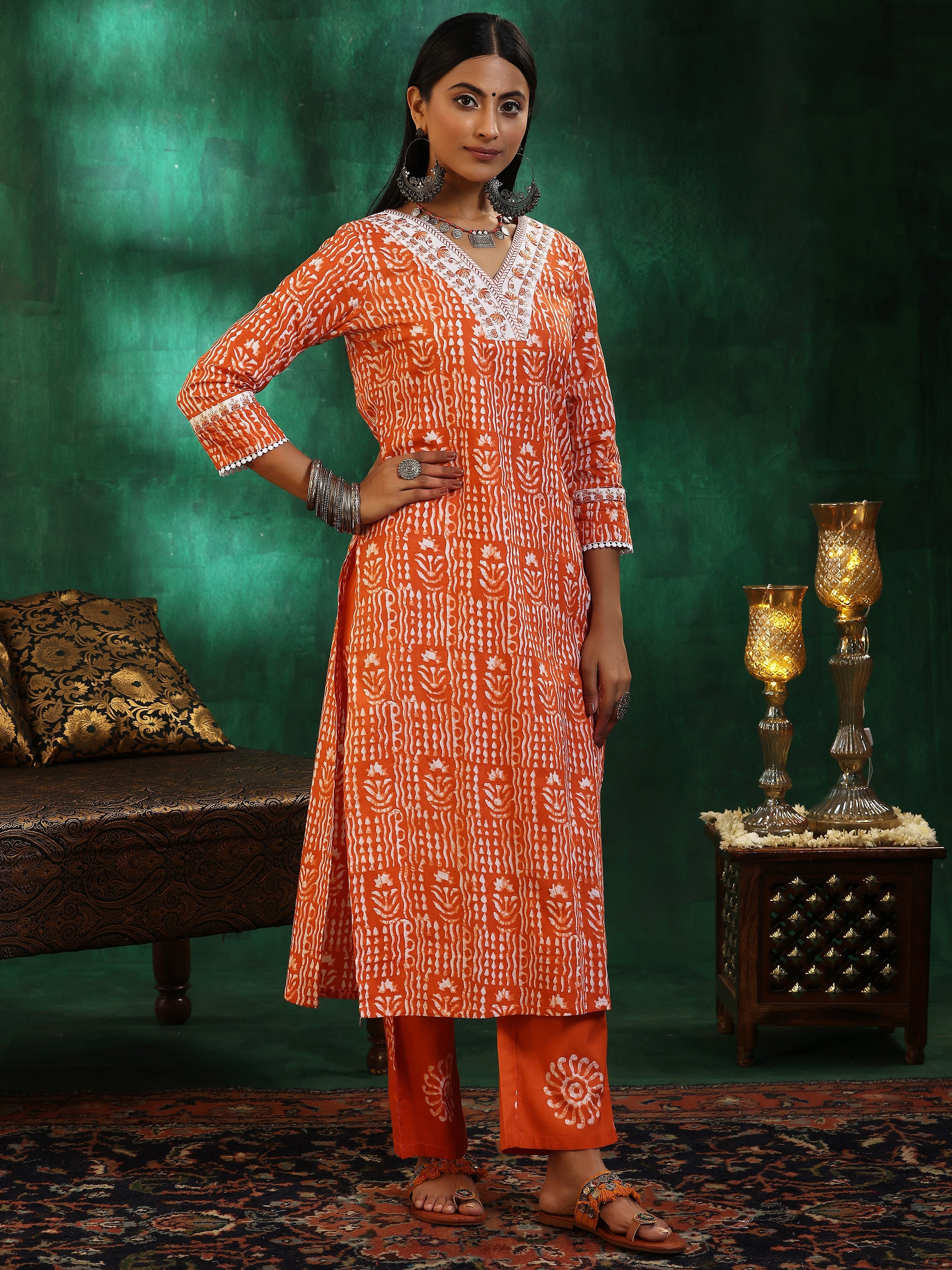 Orange Printed Cotton Straight Suit With Dupatta