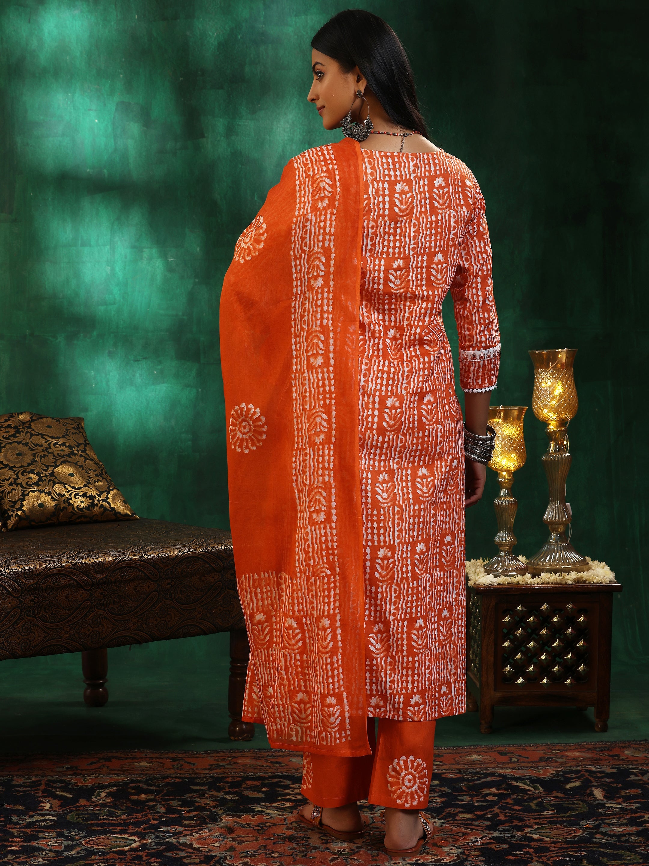 Orange Printed Cotton Straight Suit With Dupatta