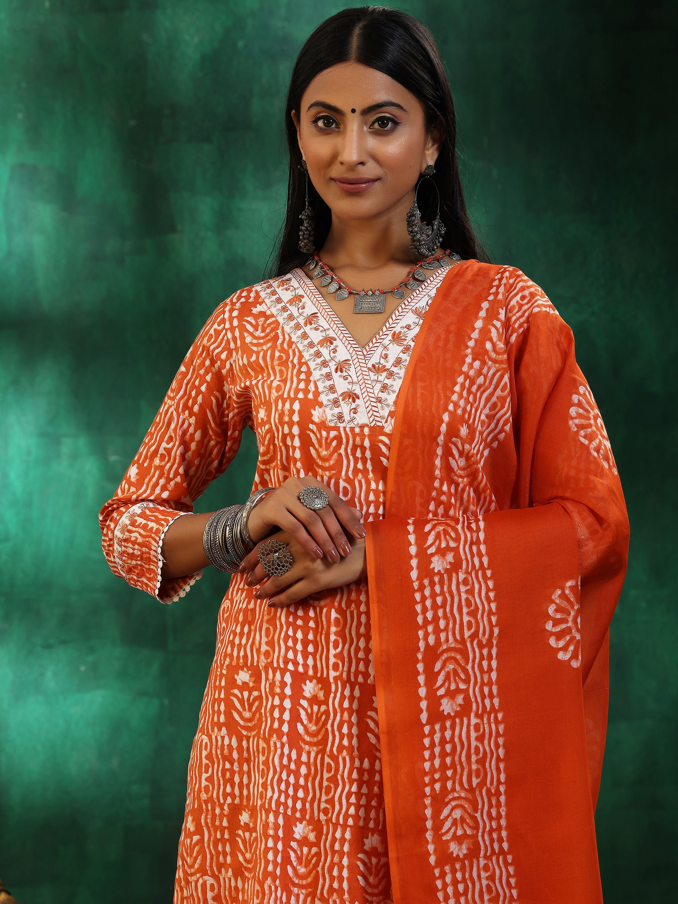 Orange Printed Cotton Straight Suit With Dupatta