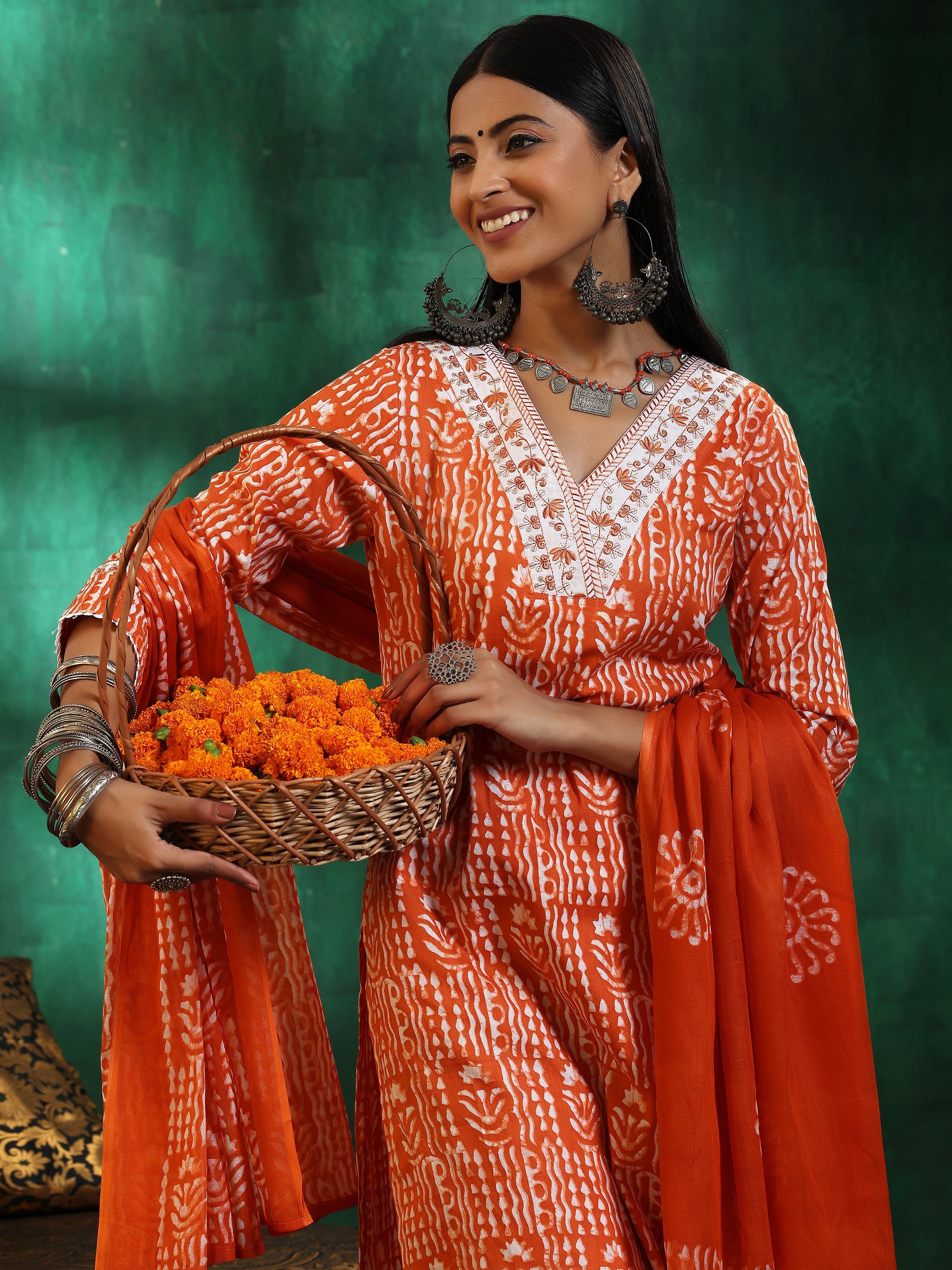 Orange Printed Cotton Straight Suit With Dupatta