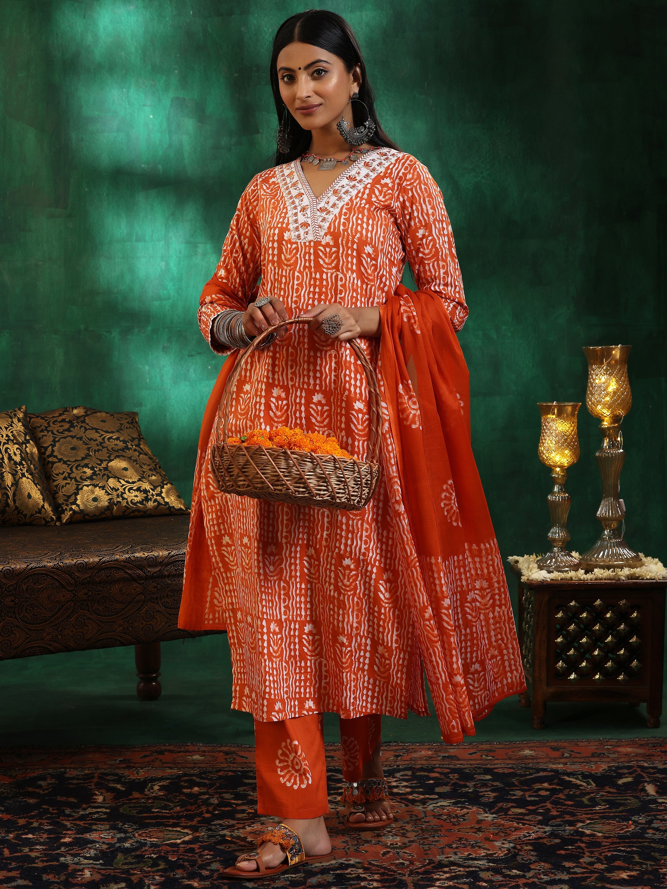 Orange Printed Cotton Straight Suit With Dupatta