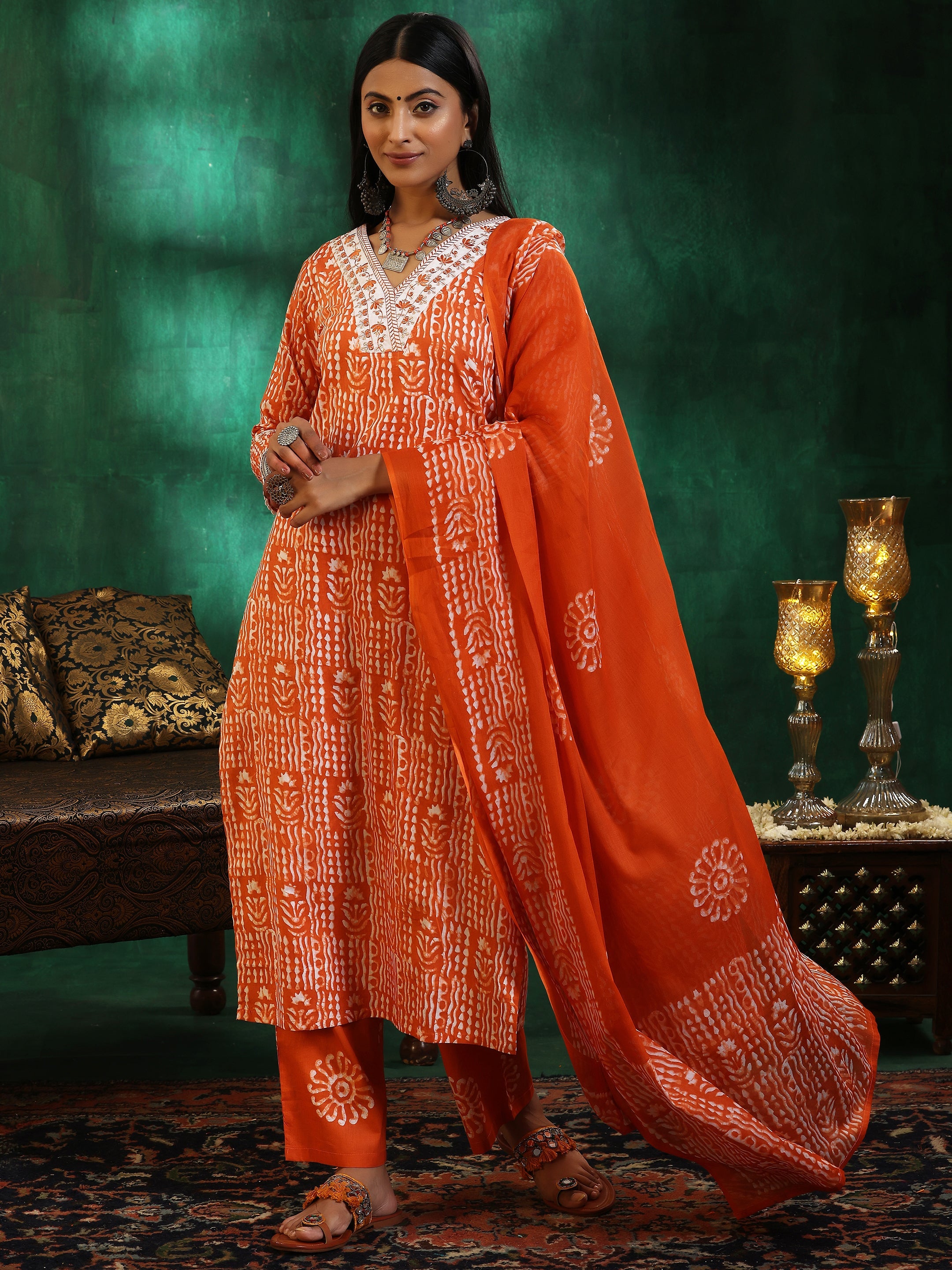 Orange Printed Cotton Straight Suit With Dupatta