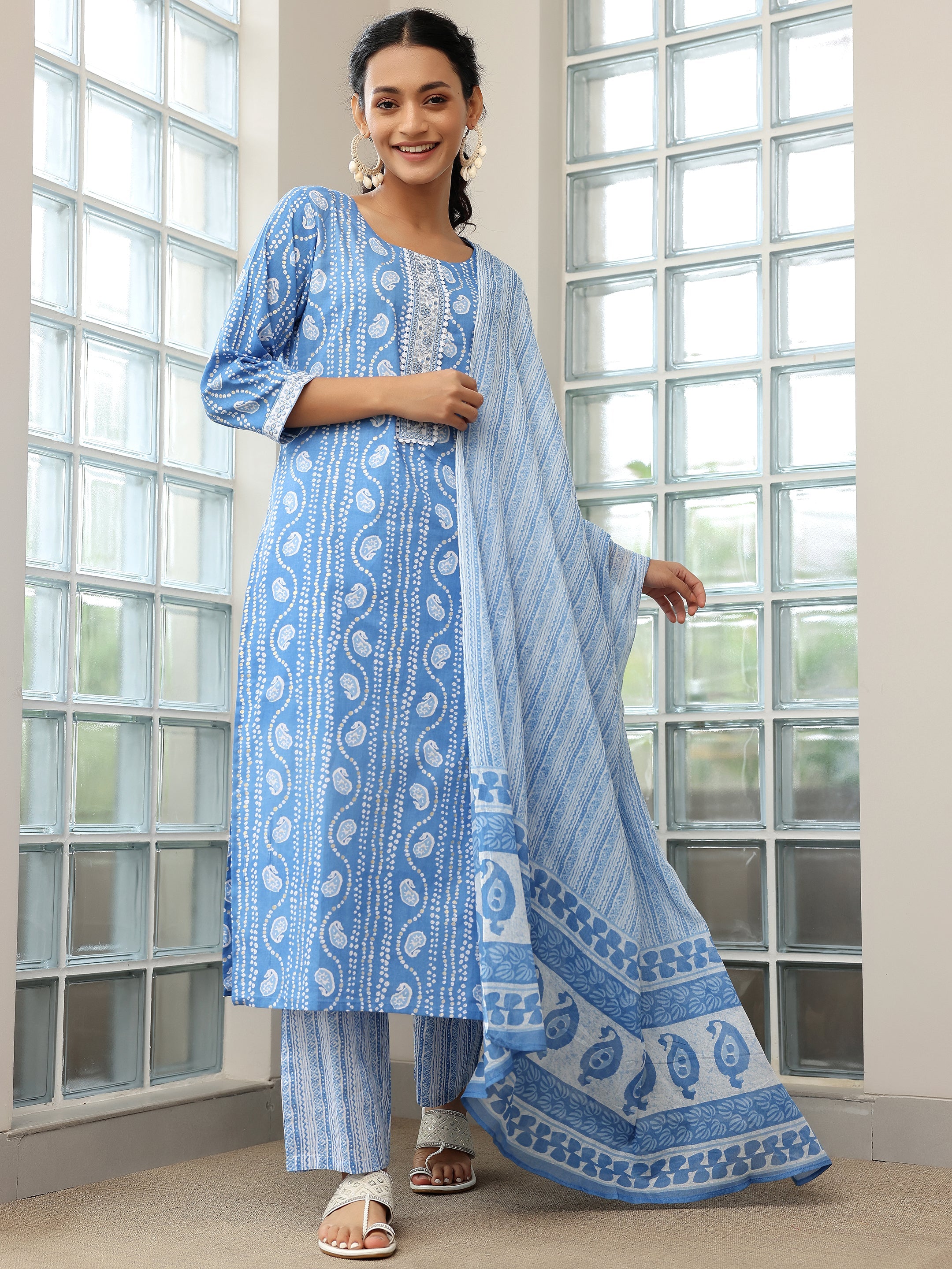 Blue Printed Cotton Straight Suit With Dupatta