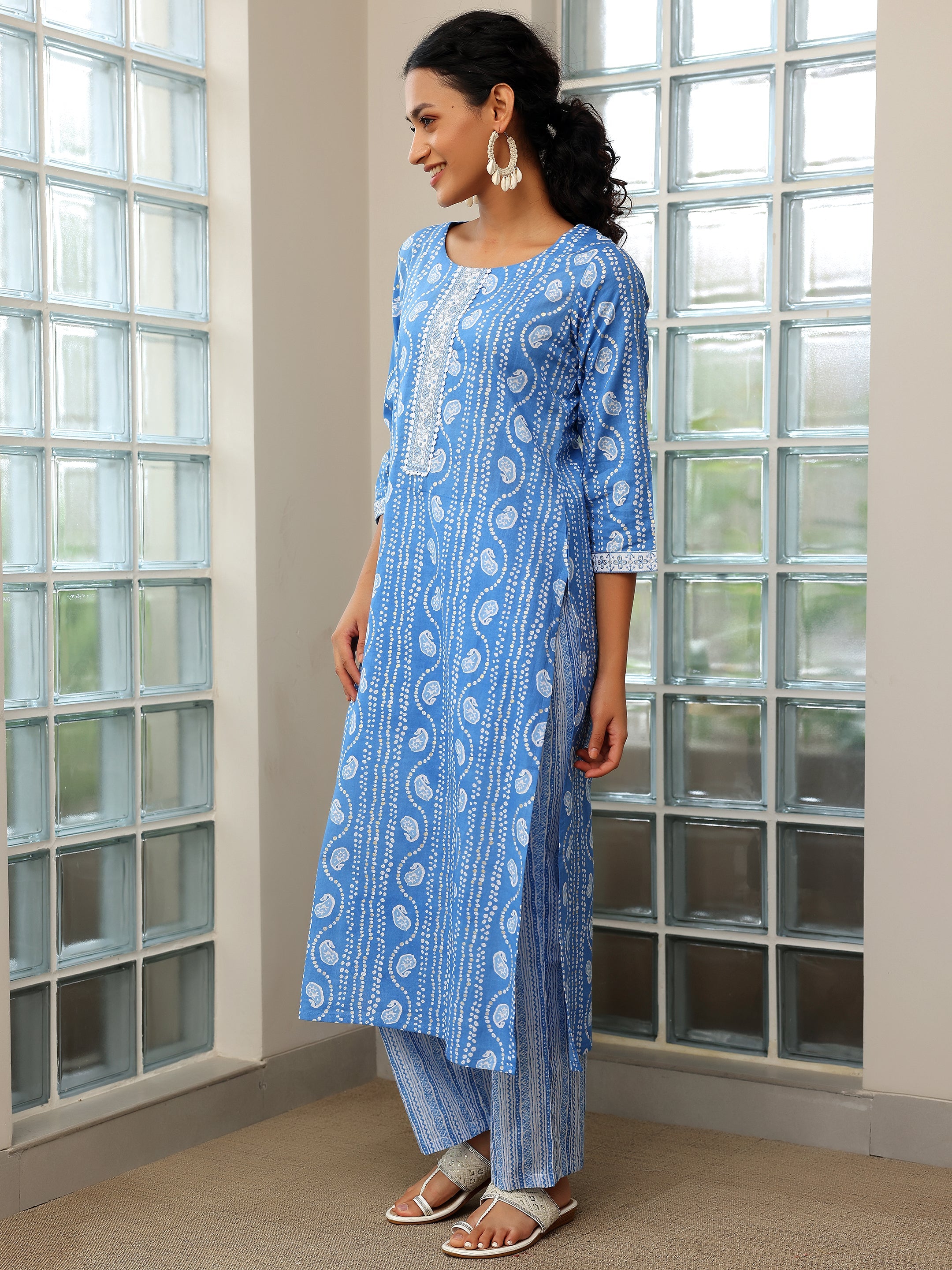 Blue Printed Cotton Straight Suit With Dupatta