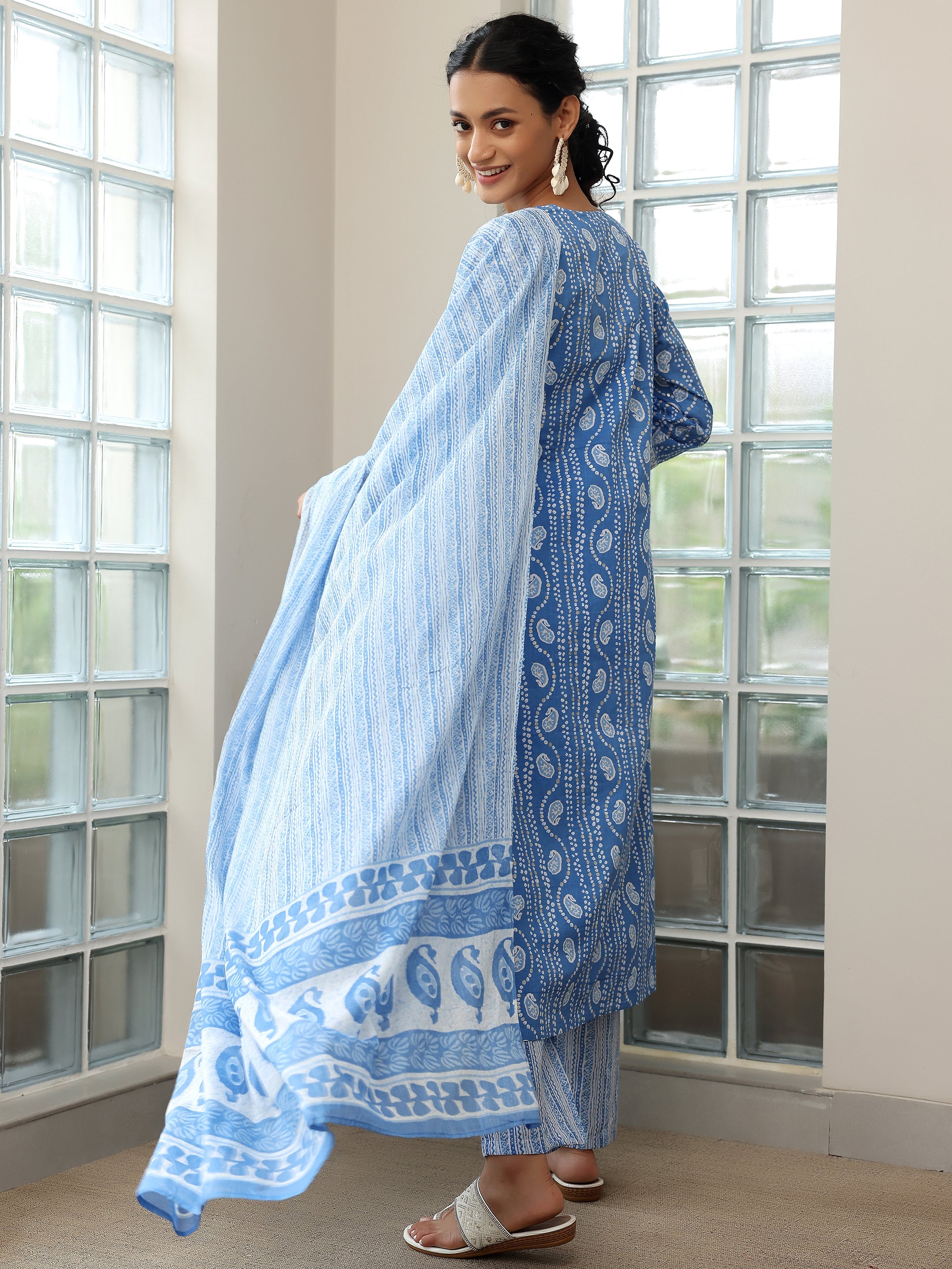 Blue Printed Cotton Straight Suit With Dupatta