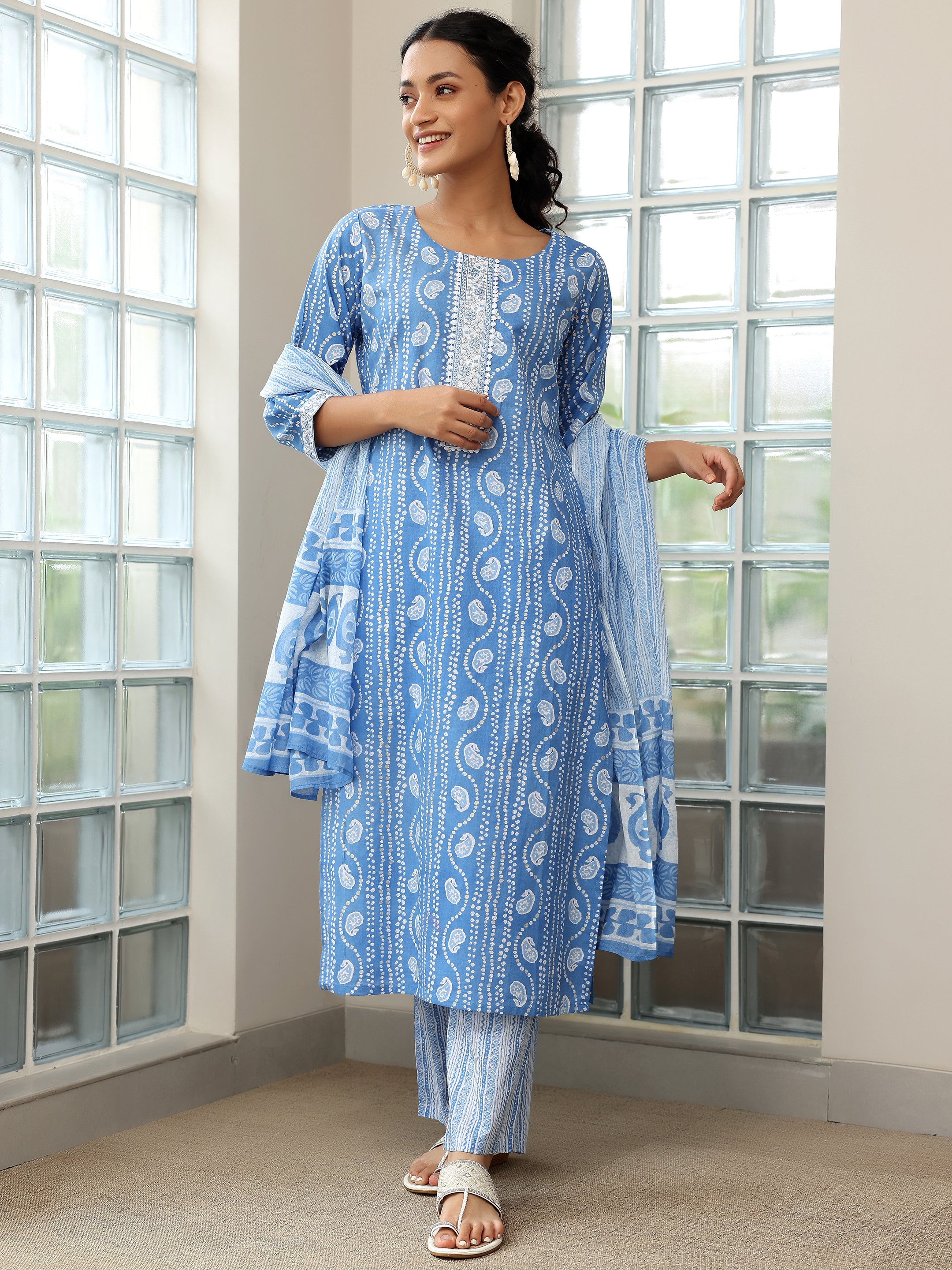 Blue Printed Cotton Straight Suit With Dupatta